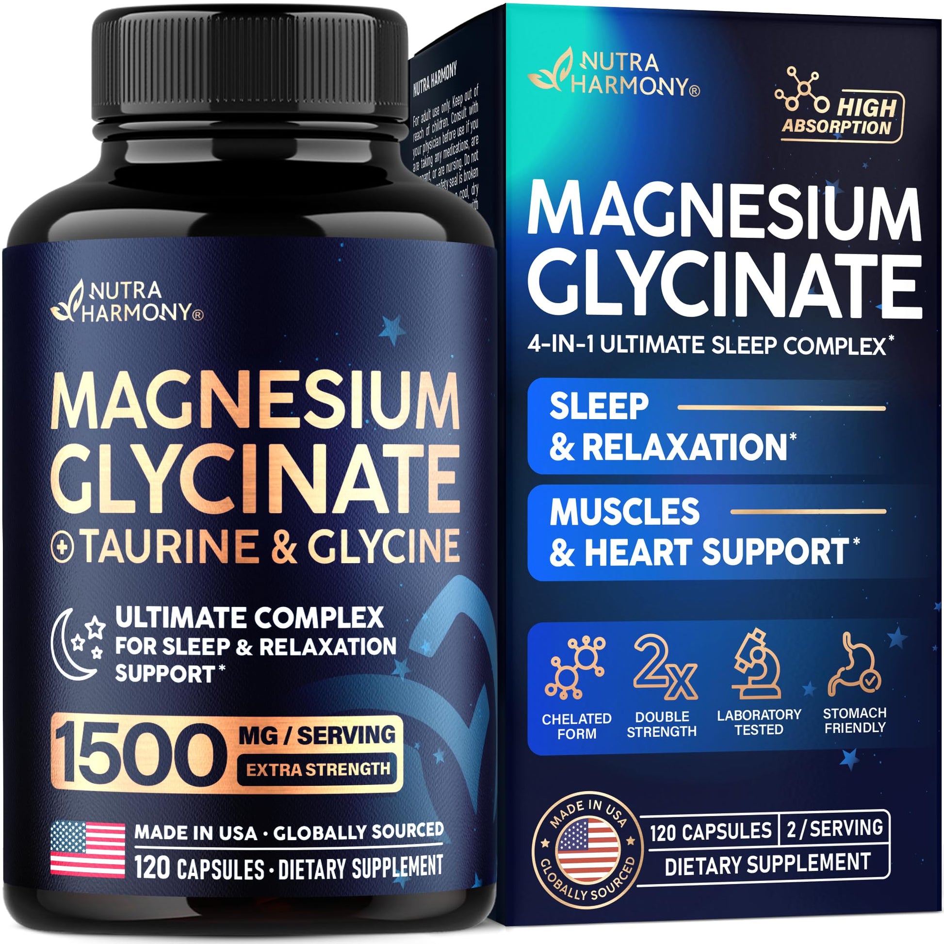 Magnesium Glycinate - Sleep & Relaxation Support - Extra Strength Glycinate, Glycine & Taurine 1500 mg - Magnesium Supplement for Women & Men - Chelated & High Absorption - Made in USA - 120 Capsules NUTRAHARMONY uk supplements