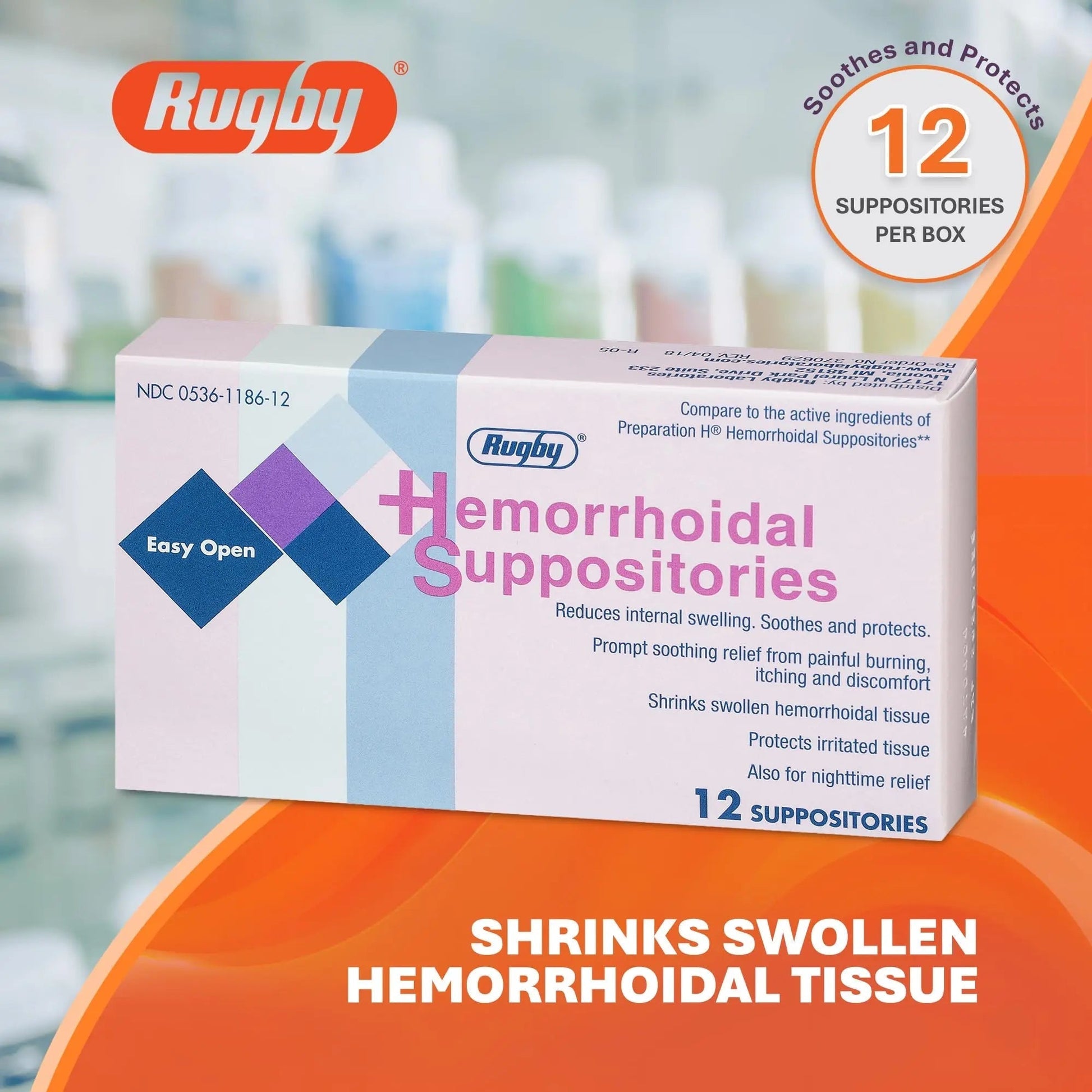 Rugby Hemorrhoidal Suppositories - Soothing and Shrinking Action for Internal Hemorrhoids with Cocoa Butter and Phenylephrine HCl, Easy Open Design - 12 Count RUGBY LABORATORIES uk supplements