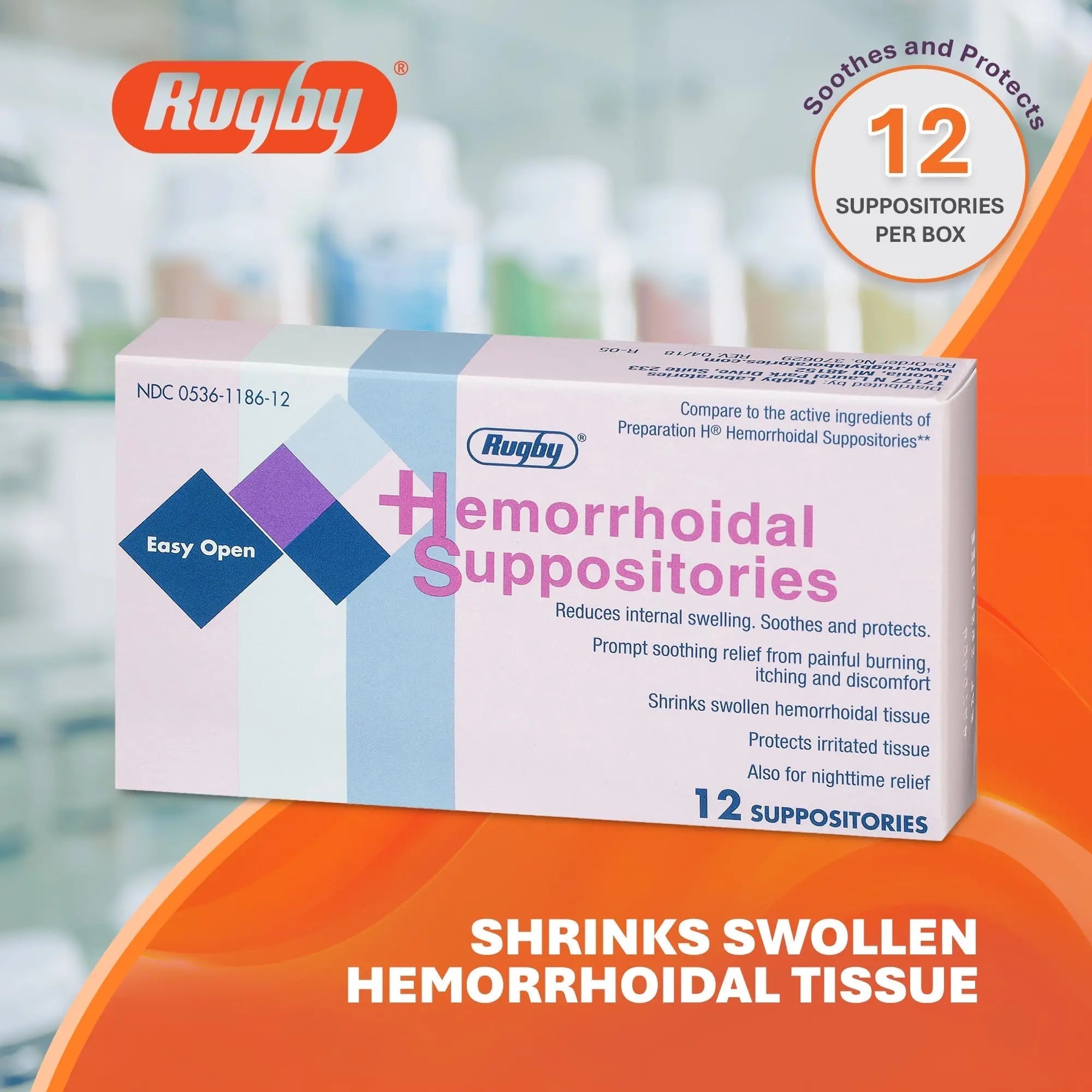 Rugby Hemorrhoidal Suppositories - Soothing and Shrinking Action for Internal Hemorrhoids with Cocoa Butter and Phenylephrine HCl, Easy Open Design - 12 Count RUGBY LABORATORIES uk supplements