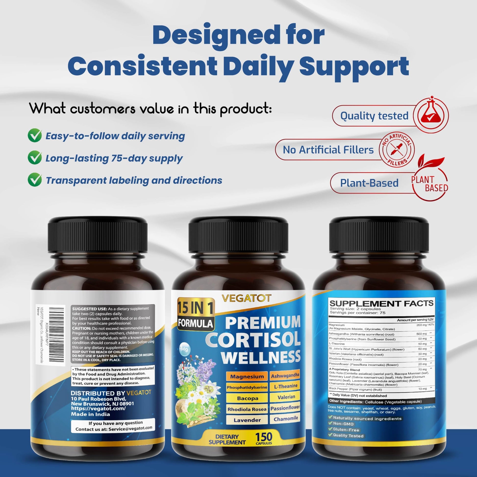 VEGATOT Organic Cortisol Wellness Complex 15-in-1 Formula with Magnesium Ashwagandha St. John's Wort Valerian Rhodiola Rosea Passionflower Chamomile VEGATOT uk supplements