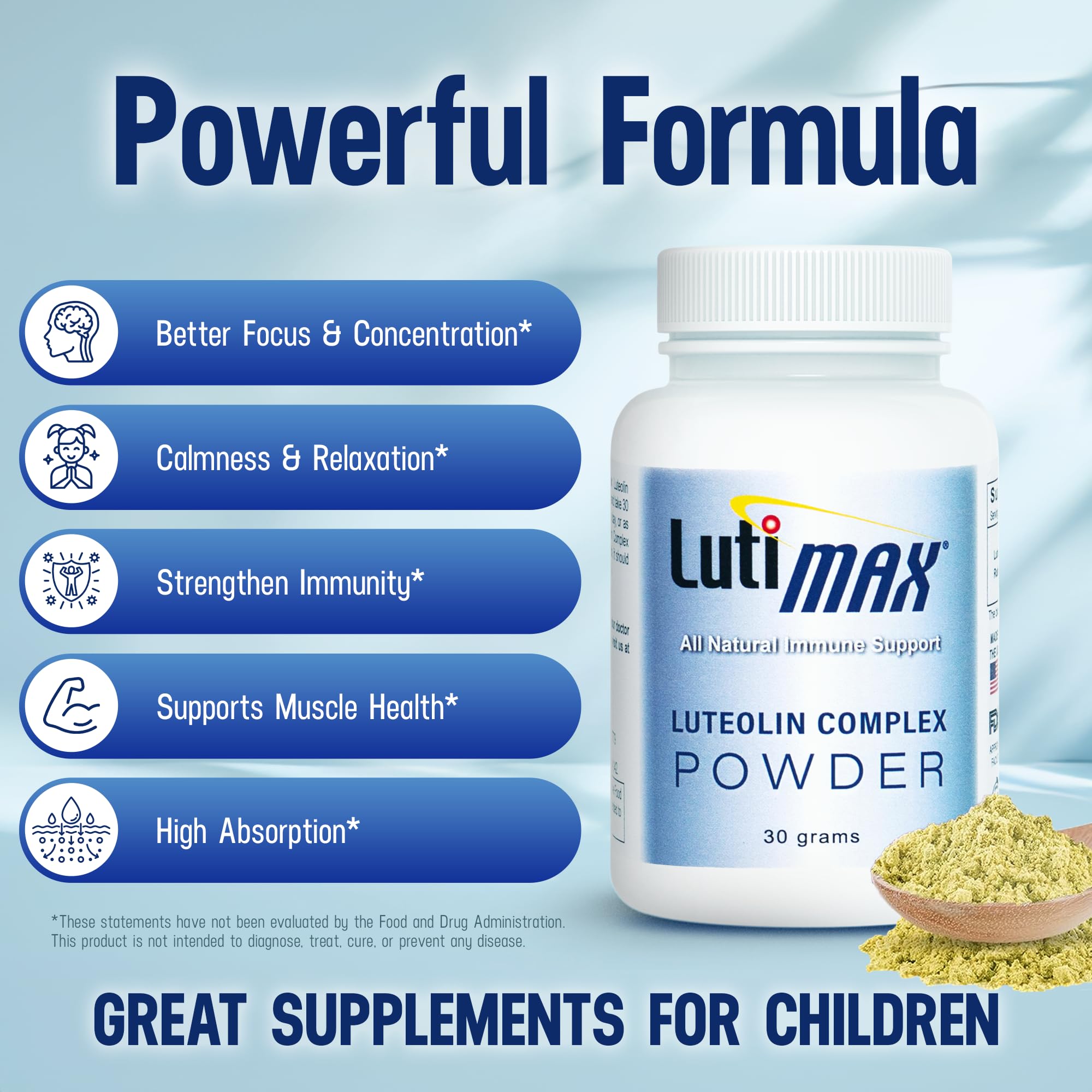 Lutimax Luteolin Complex Powder Brain Supplement with Rutin - Nootropic Brain Supplements for Memory and Focus to Improve Brain Health - Antioxidant Supplement for Immune Support - 100 Servings Solo Luti uk supplements