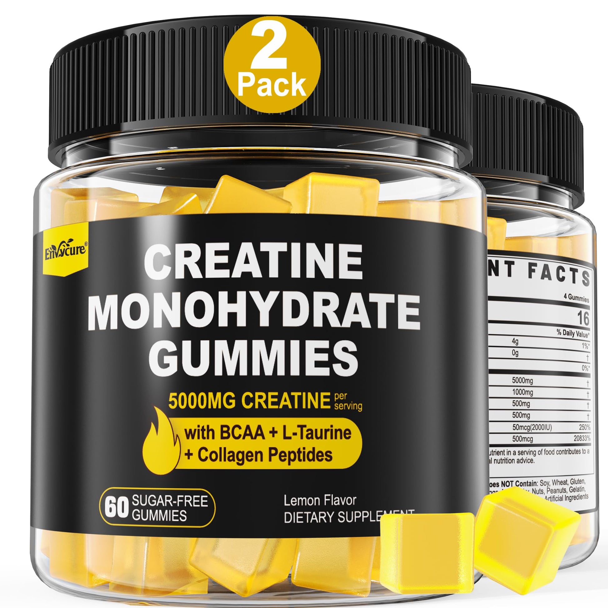 Creatine Monohydrate Gummies for Men & Women - with BCAA, Collagen Peptides, L-Taurine, Vitamin B12, D3, Chewables Creatine Monohydrate 5g Per Serving, Natural Lemon Flavor, Sugar Free, 2 Pack EnvyCure uk supplements