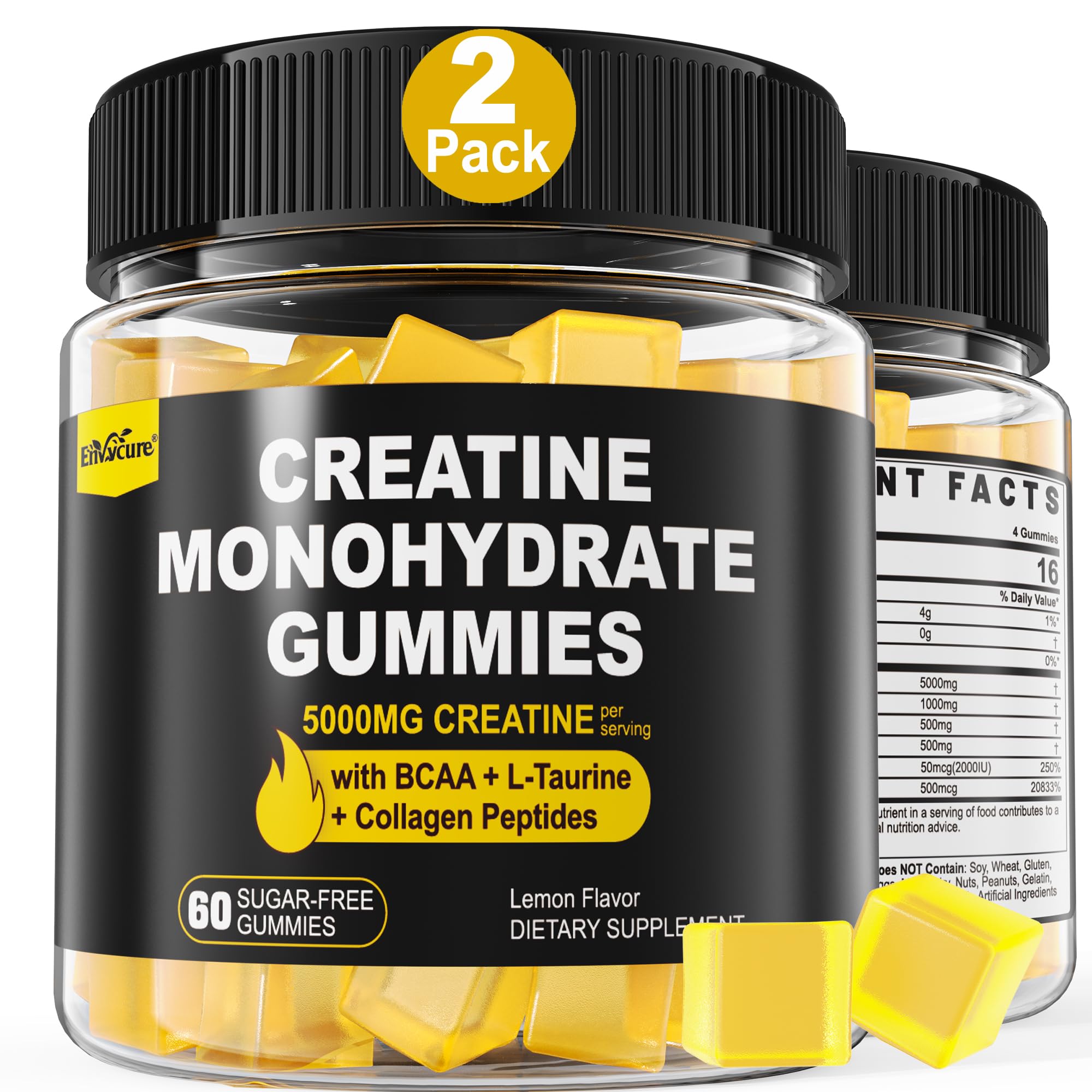 Creatine Monohydrate Gummies for Men & Women - with BCAA, Collagen Peptides, L-Taurine, Vitamin B12, D3, Chewables Creatine Monohydrate 5g Per Serving, Natural Lemon Flavor, Sugar Free, 2 Pack EnvyCure uk supplements