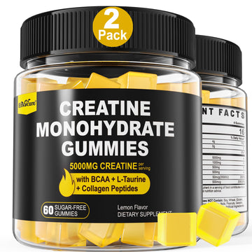Creatine Monohydrate Gummies for Men & Women - with BCAA, Collagen Peptides, L-Taurine, Vitamin B12, D3, Chewables Creatine Monohydrate 5g Per Serving, Natural Lemon Flavor, Sugar Free, 2 Pack EnvyCure uk supplements