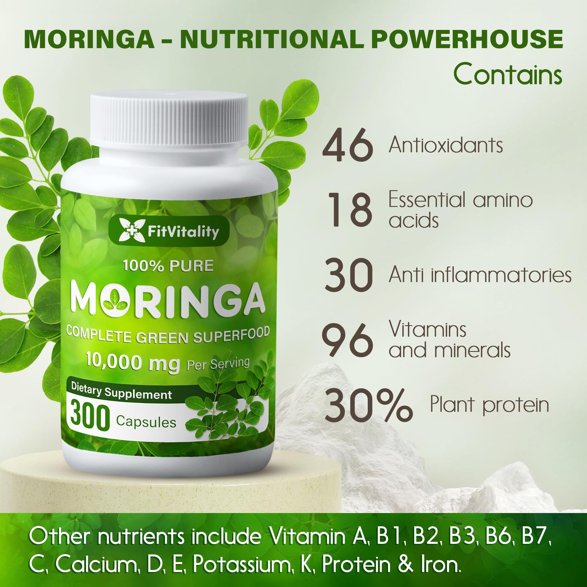 Moringa Capsules| Moringa Oleifera |10,000mg| 300 Capsules| 100% Pure| Non-GMO FitVitality uk supplements