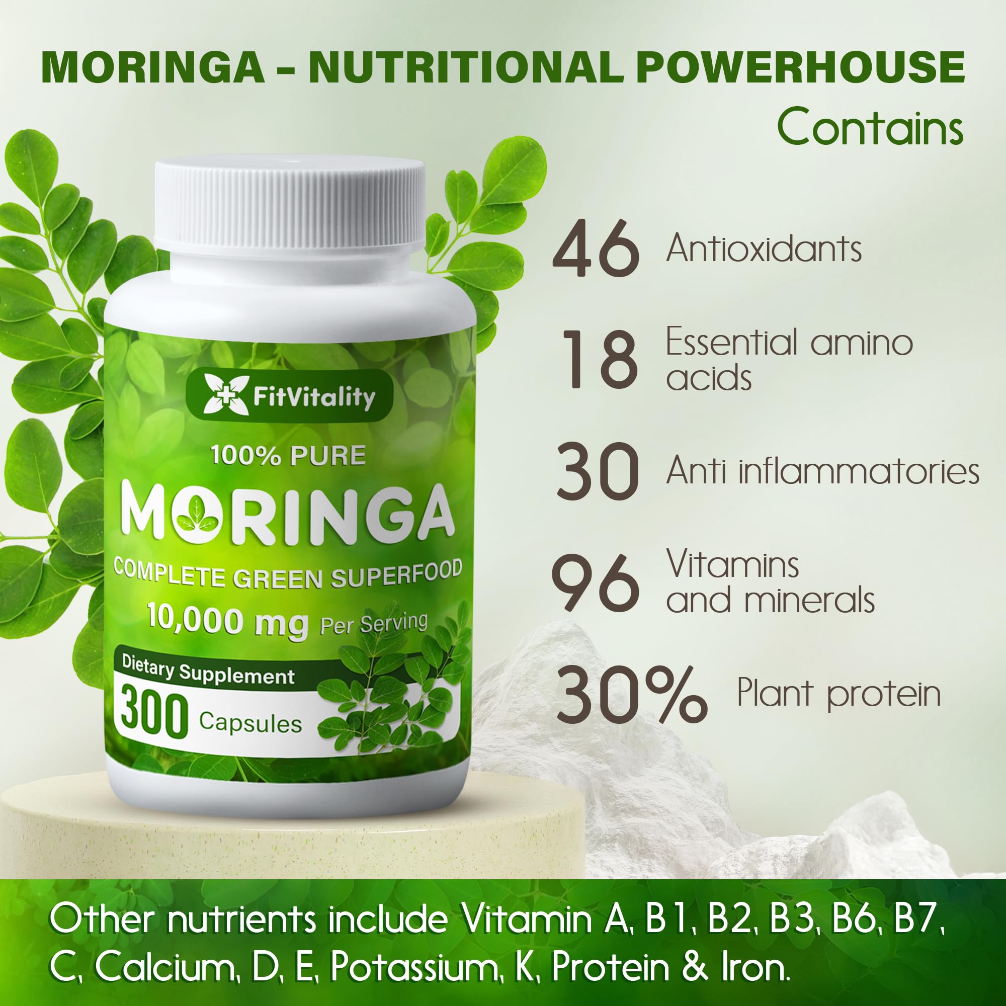 Moringa Capsules| Moringa Oleifera |10,000mg| 300 Capsules| 100% Pure| Non-GMO FitVitality uk supplements