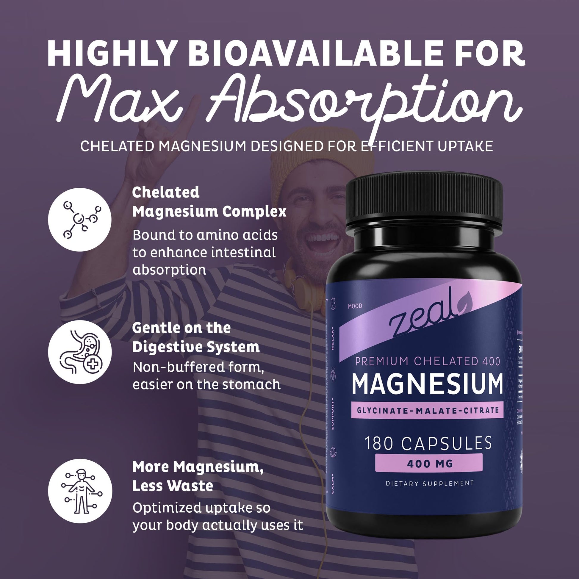 Zeal Naturals Triple Magnesium Complex Supplement - Glycinate, Malate, Citrate | 400mg, 180 Capsules | High Absorption Chelated Magnesium for Sleep, Mood, Muscle Recovery, Relaxation Zeal Naturals uk supplements