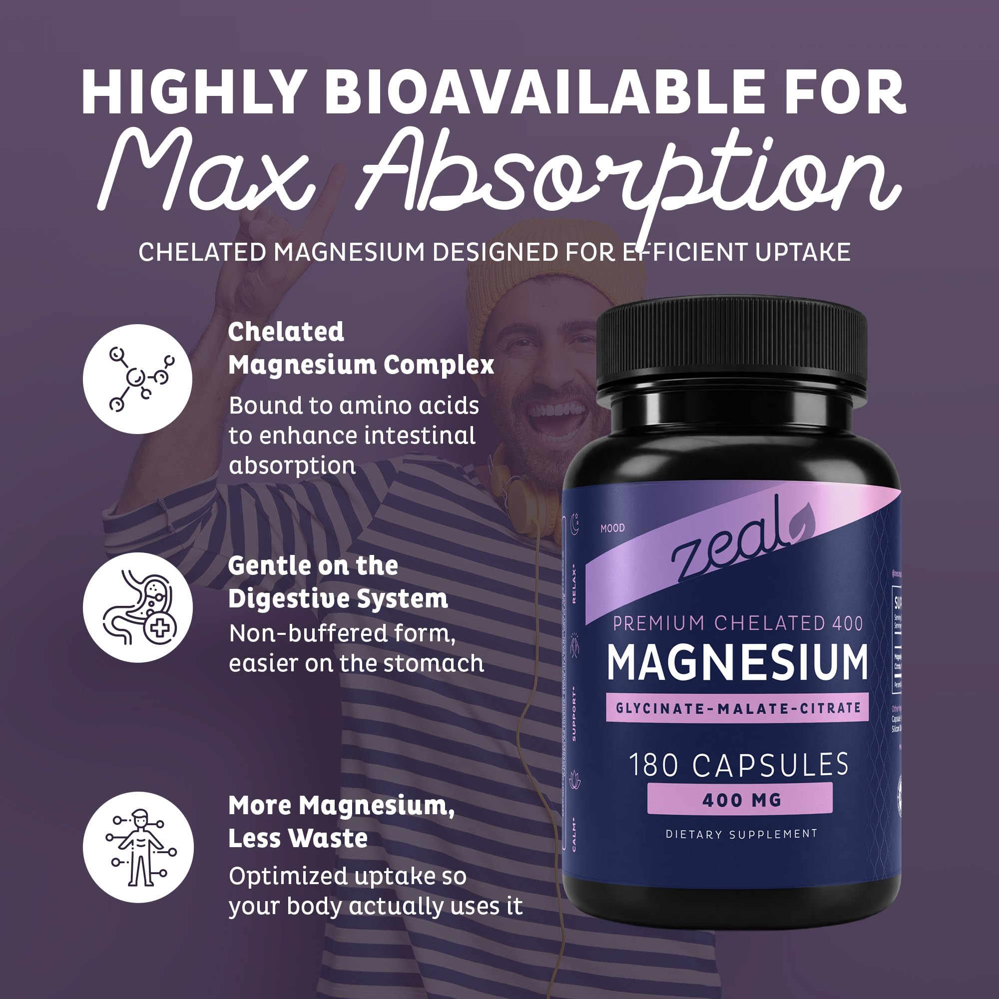 Zeal Naturals Triple Magnesium Complex Supplement - Glycinate, Malate, Citrate | 400mg, 180 Capsules | High Absorption Chelated Magnesium for Sleep, Mood, Muscle Recovery, Relaxation Zeal Naturals uk supplements