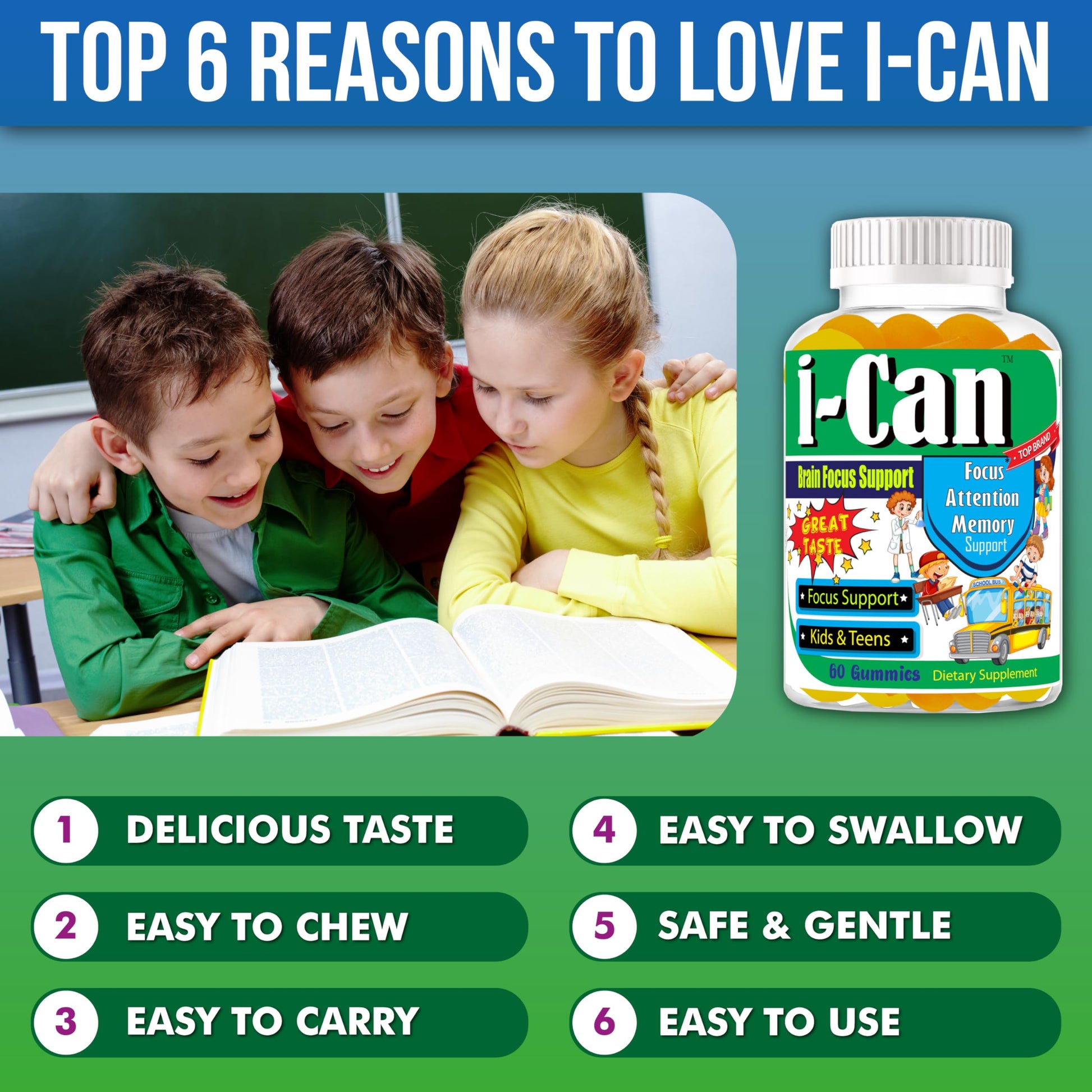 I-Can Focus Gummies for Kids & Teens, Omega 3 Gummies with DHA & EPA, Brain Health, Memory, Attention Support, Teen Brain Focus Vitamins, Non-Fishy Taste, Low Sugar, 60 Count Celebrity LifeStyle Product uk supplements