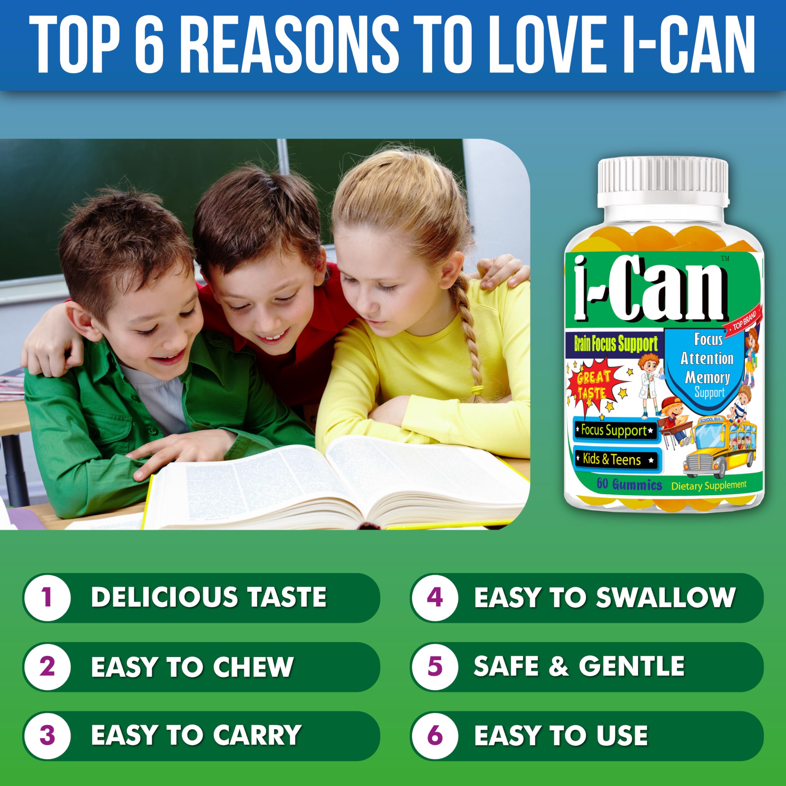 I-Can Focus Gummies for Kids & Teens, Omega 3 Gummies with DHA & EPA, Brain Health, Memory, Attention Support, Teen Brain Focus Vitamins, Non-Fishy Taste, Low Sugar, 60 Count Celebrity LifeStyle Product uk supplements