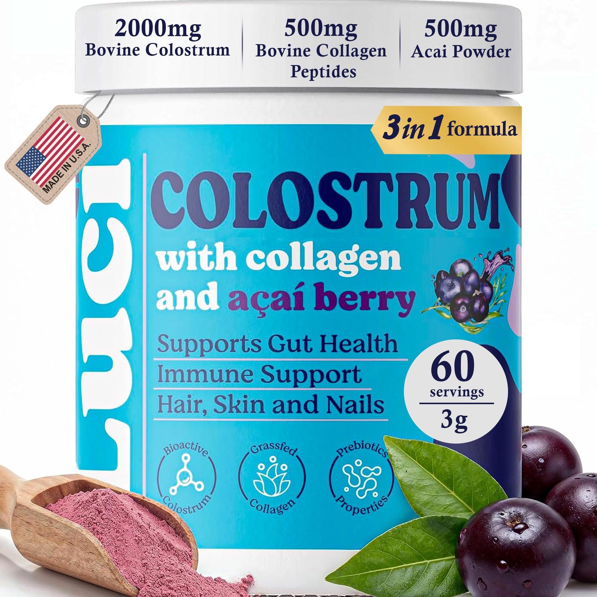 Luci Colostrum Powder 60 Servings, 3 in 1 with Collagen Peptides and Acai, Bovine Colostrum for Gut Health, Bloating, Collagen Protein for Muscle, Skin, Hair, Nails and Immunity, Gluten & Fat Free Luci Nutrition uk supplements