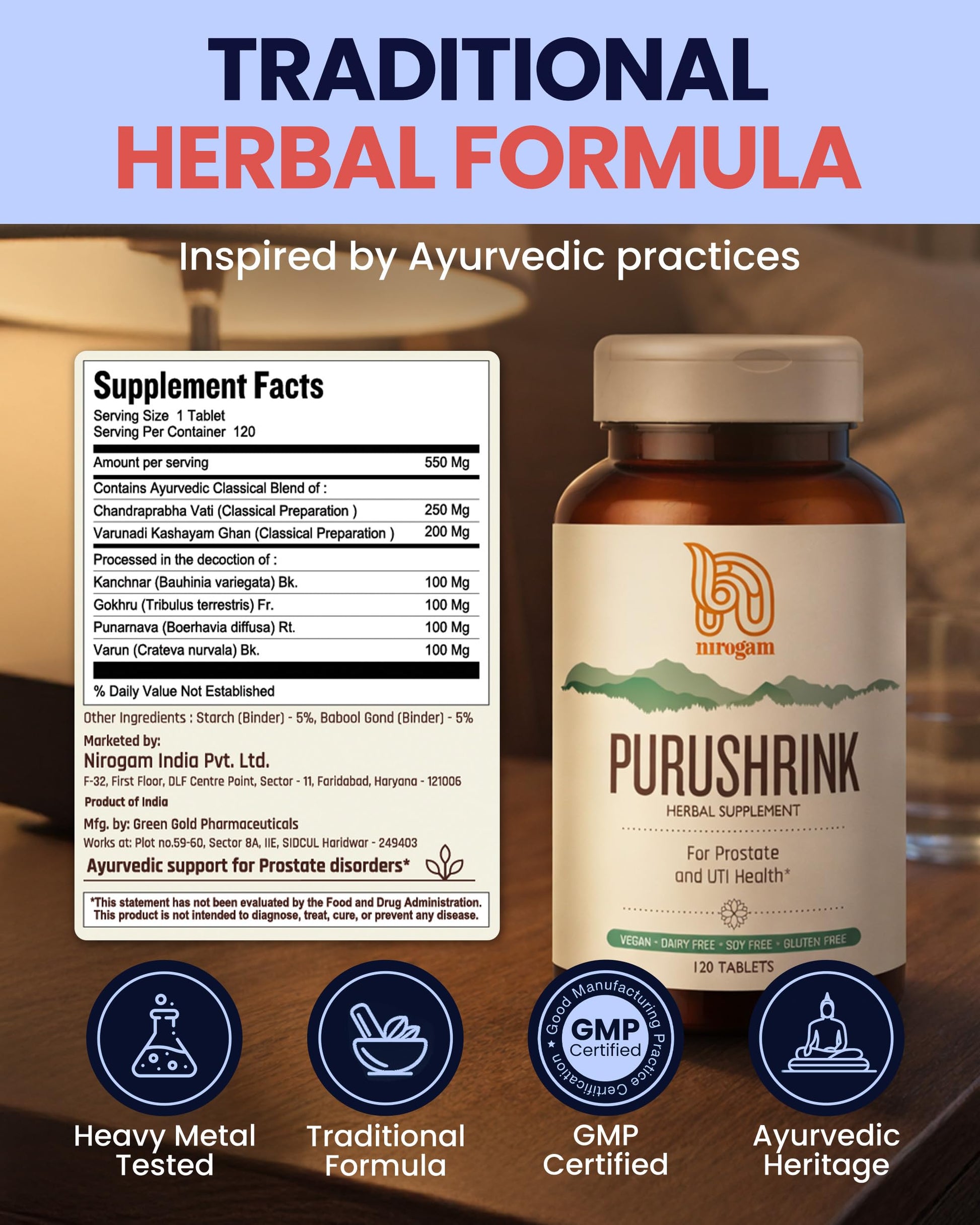 Nirogam Purushrink - BPH Prostate Supplement for Men, Supports Better Sleep & Urinary Health - Natural Ayurvedic Herbal Supplement 120 Tablets - Vegan, Dairy Free, Gluten Free Nirogam uk supplements
