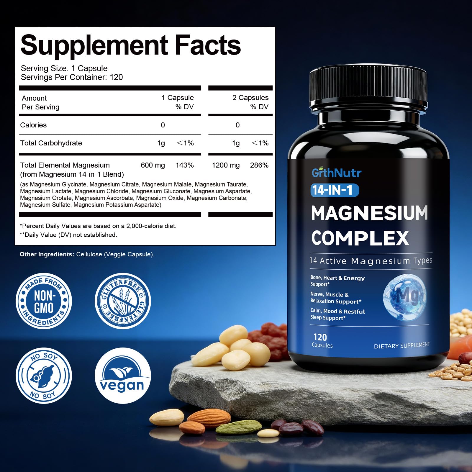 14-in-1 Magnesium Complex Supplement, 1200mg Elemental Magnesium Glycinate, Citrate, Malate, Taurate - Magnesium Complex for Women Nerves, Bone & Heart Health | Non-GMO GrthNutr uk supplements