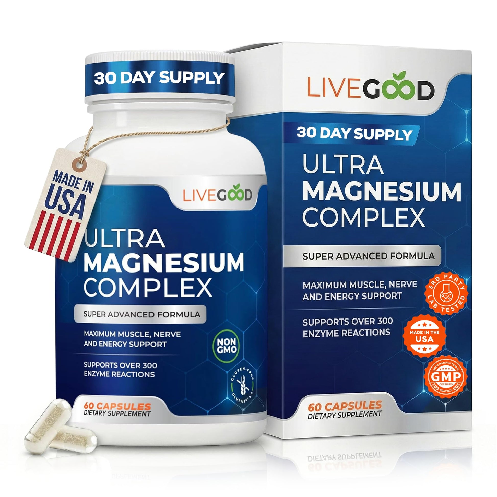 LiveGood™ Ultra Magnesium Complex, Organic Magnesium Glycinate and Gluconate for Muscle Recovery, Nerve Support & Relief – High Absorption Supplement, Vegan, Non-GMO, Made in USA, 60 Capsules LIVEGOOD uk supplements
