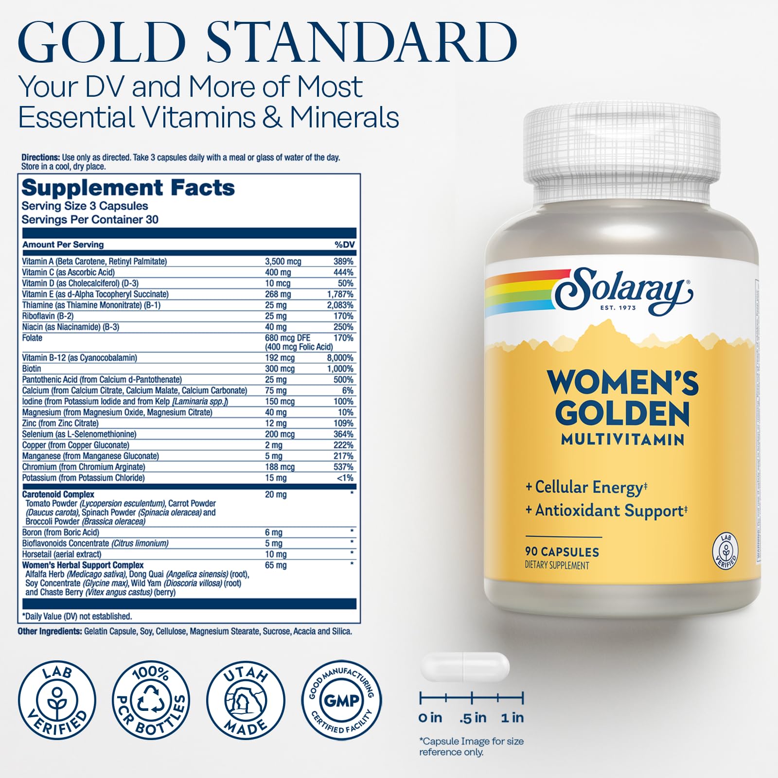 SOLARAY Women's Golden Multivitamin Supplement - Daily Wellness Vitamins for Women, Nutrient Rich, Cellular Energy Support Caps, Complex with Vitamins A, C, D, & E, Biotin, Calcium & More- 90 Capsules SOLARAY uk supplements