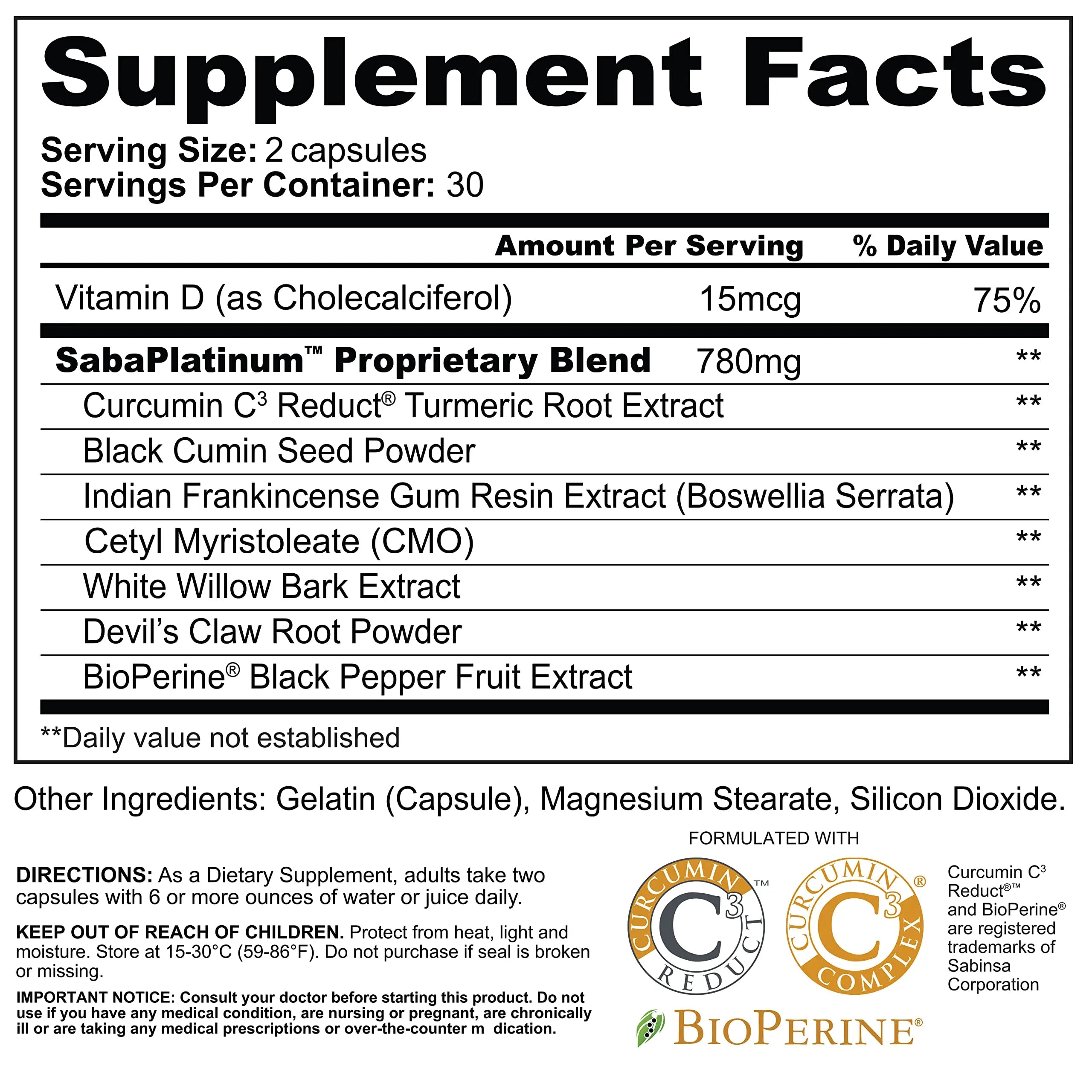 Saba Platinum Joint Support – High Absorption Curcumin C3 Reduct & Boswellia – Fast Acting Turmeric Supplement for Joint Pain Relief, Mobility & Healthy Inflammation Response – 60 Vegan Capsules Saba uk supplements