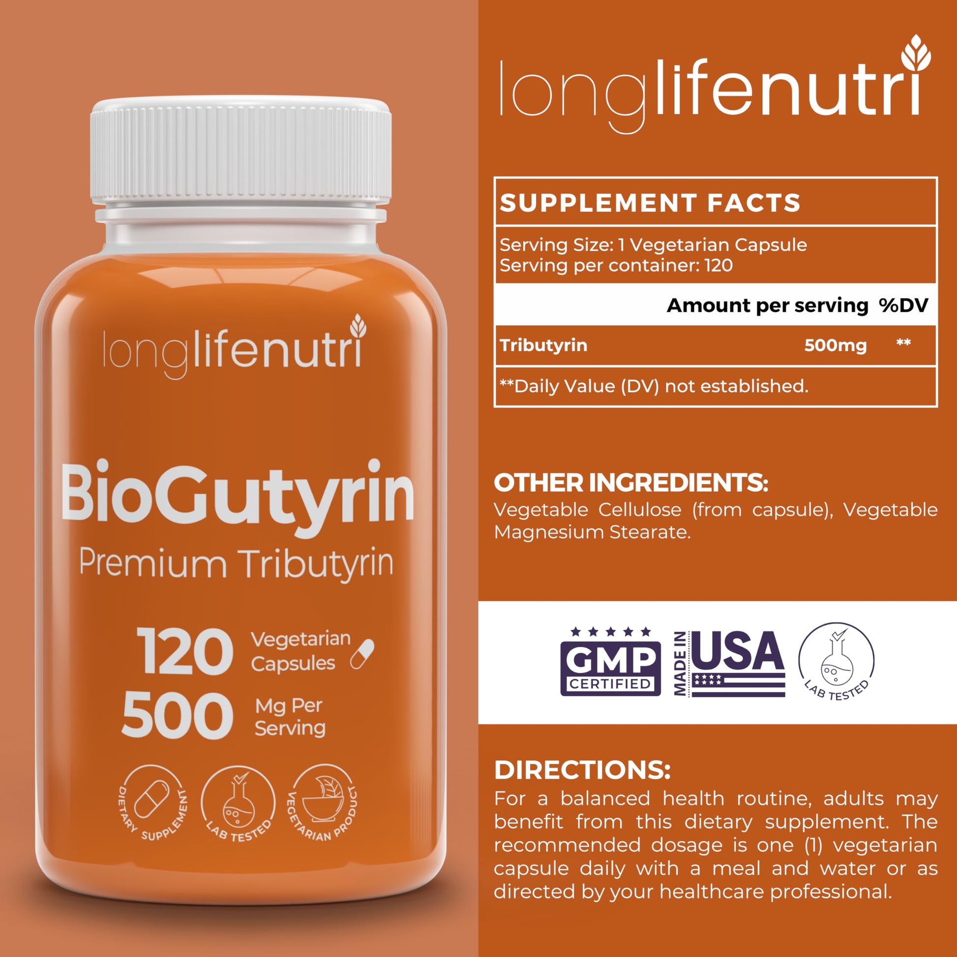 BioGutyrin – Tributyrin 500mg, Postbiotic Supplement for Gut Function & Nutrient Absorption, 120 Vegetarian Capsules, Butyric Acid for Butyrate Production, 4-Month Supply, GMP Certified, Made in USA LongLifeNutri uk supplements