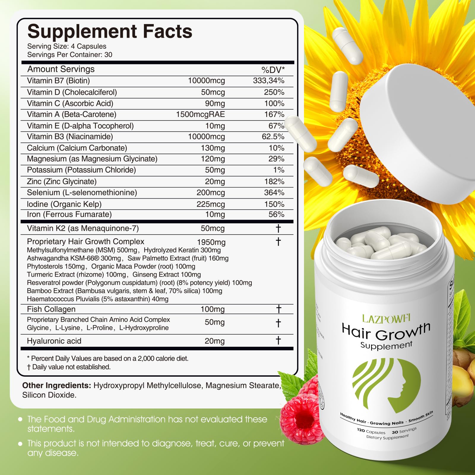 Lazpowfi Hair Growth Supplement, Biotin 10000mcg, 32-in-1 with Vitamin A, B3, C, Magnesium, Calcium, Hair Growth Products, Supports Hair & Nails Natural Growth Vitamins, for Women & Men - 30 Servings Lazpowfi uk supplements