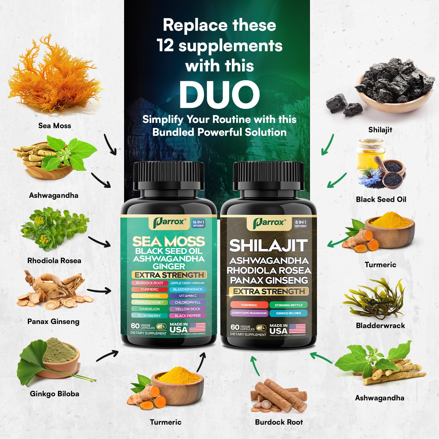 Parrox Shilajit and Sea Moss Bundle, Sea Moss 350mg, Black Seed Oil 200mg, Ashwagandha 100mg, Turmeric, Shilajit 300mg, Rhodiola Rosea 100mg, Panax Ginseng 50mg, Dynamic Vitality Bundle (2 Pack) Parrox uk supplements