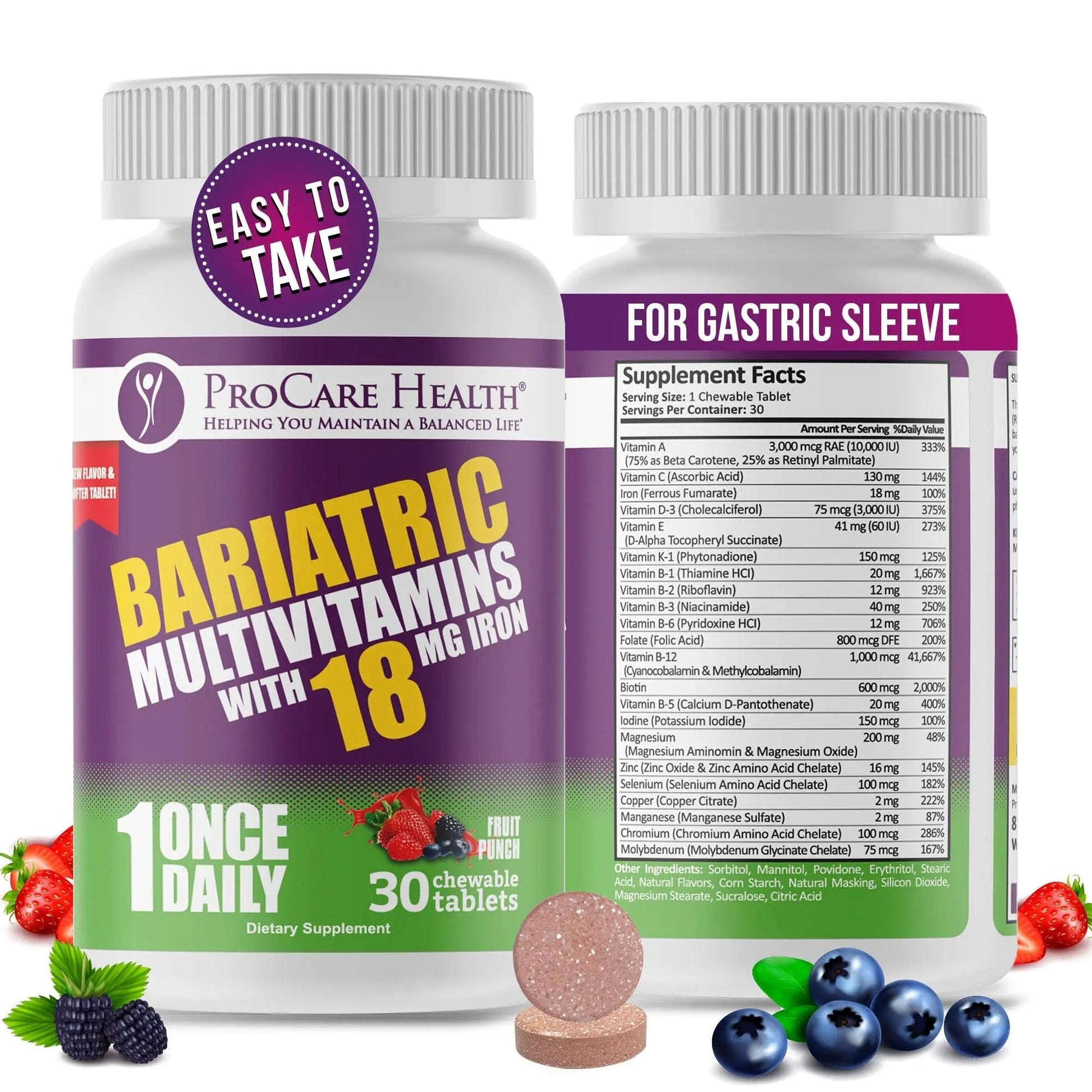 ProCare Health Bariatric Chewable Multivitamin with Iron 18mg (30 Tablets) - Fruit Punch Flavor Bariatric Multivitamin Chewable ProCare Health uk supplements