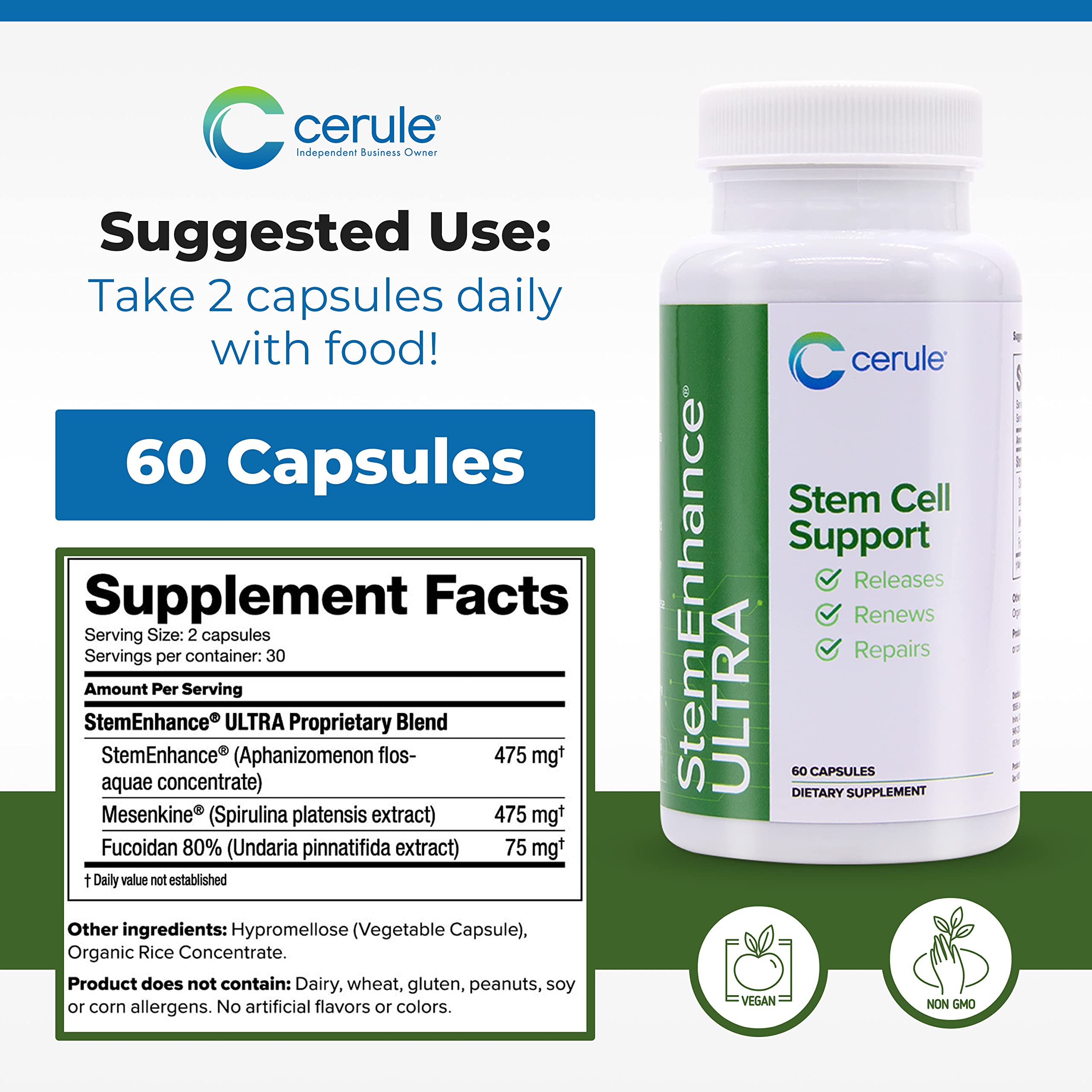 Cerule StemEnhance Ultra Natural Stem Cell Support Supplement – Freshwater Microalgae and Marine Macroalgae Extracts for Cellular Renewal, Immune Function, Energy, and Tissue Recovery – 60 Capsules Cerule uk supplements