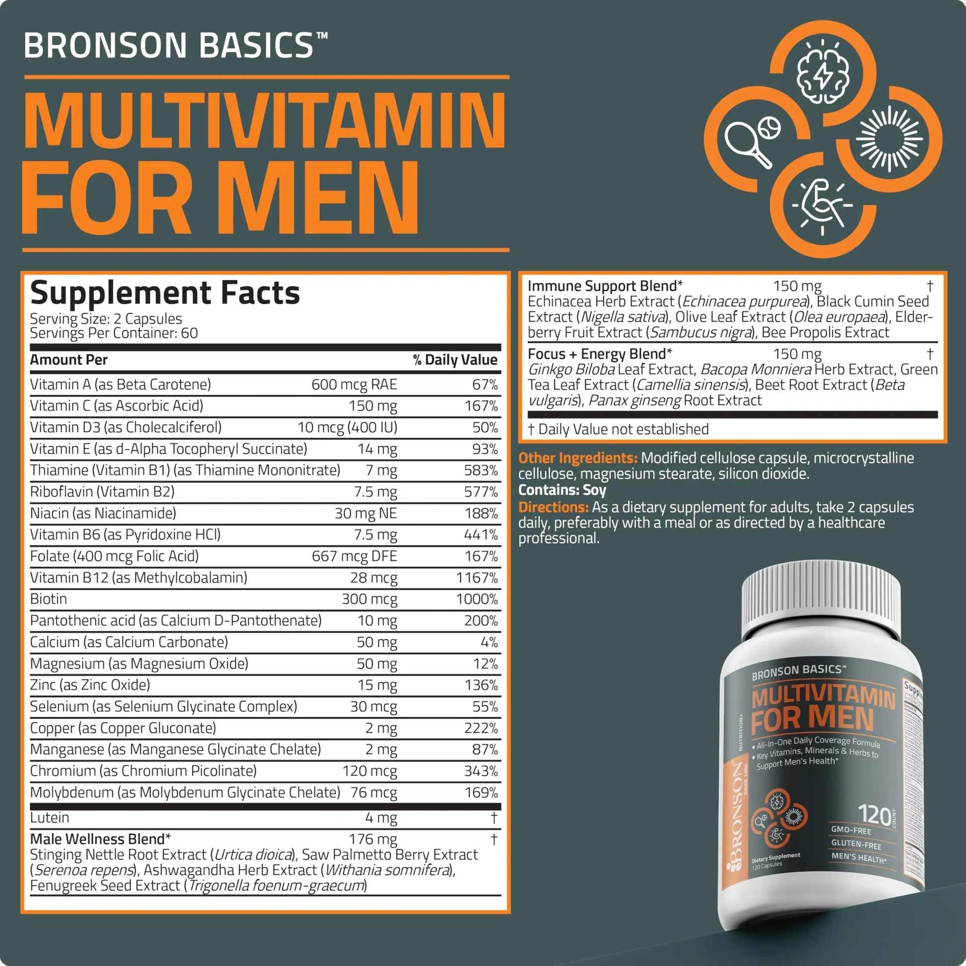 Bronson Multivitamin for Men All-in-One Daily Coverage Formula Key Vitamins, Minerals & Herbs to Support Men's Health, 120 Capsules Bronson uk supplements