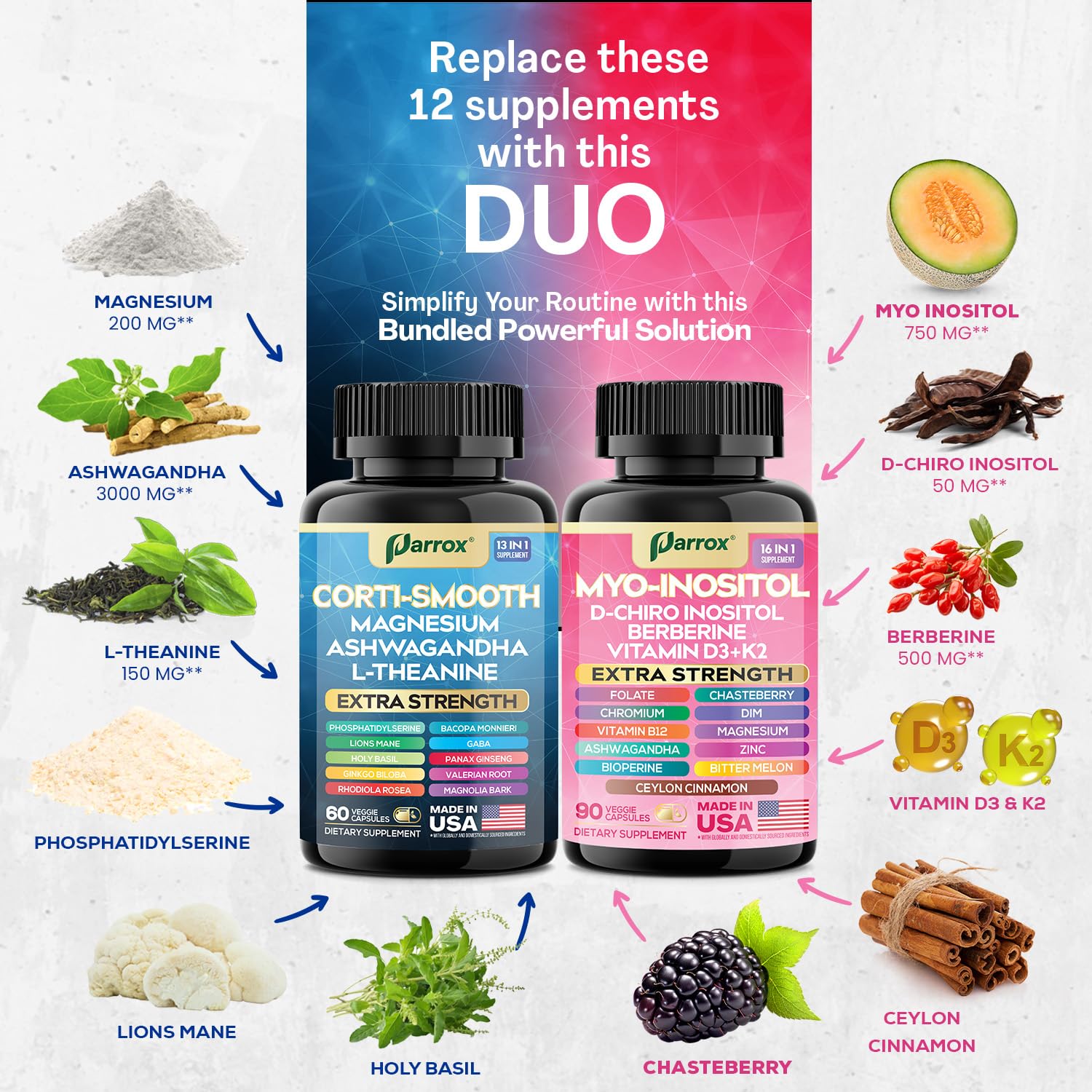 Parrox Cortisol & Myo-Inositol Supplement Bundle, Soothe & Smooth Bundle, 13-in-1 Cortisol Balance, Magnesium, Ashwagandha, L-Theanine, D-Chiro Inositol, Folate, Berberine, Chasteberry (150 Capsules) Parrox uk supplements