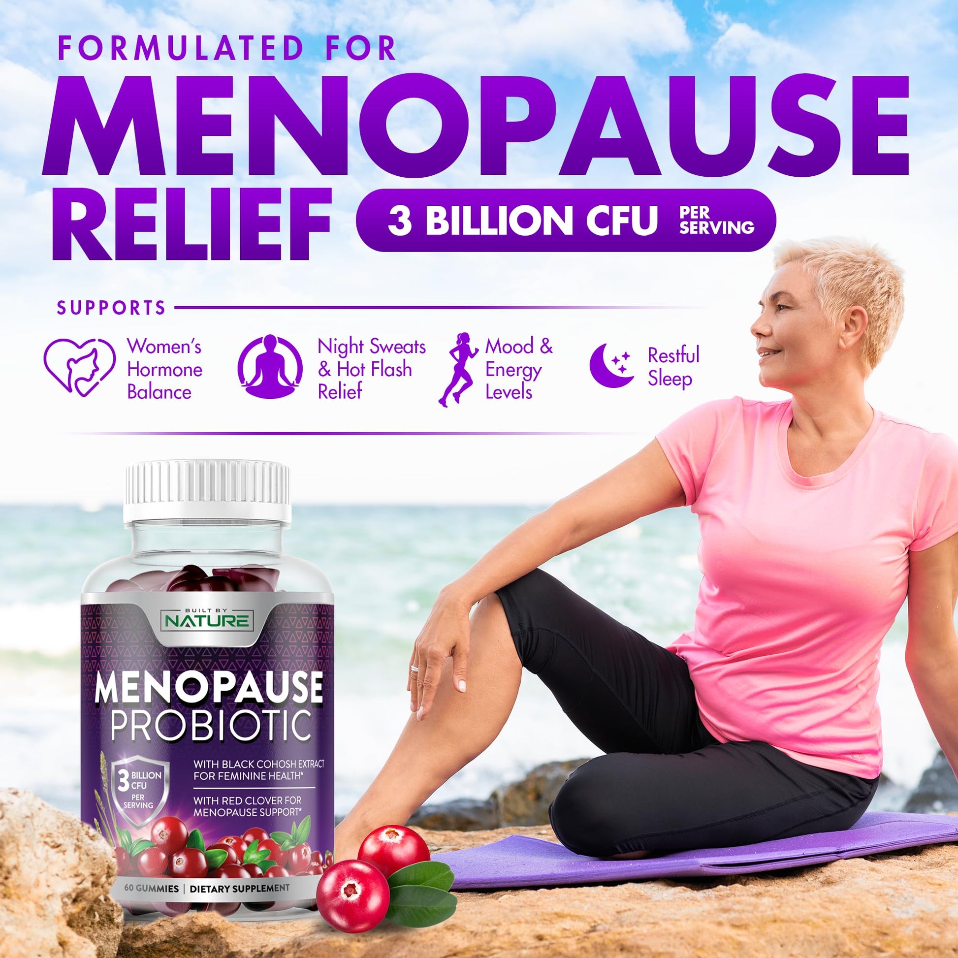 Menopause Supplements for Women - Menopause Probiotic Gummy - Women’s Menopause Relief for Hot Flashes, Night Sweats & Mood Swings with Black Cohosh & Cranberry - Non-GMO, Vegan - 60 Gummies Built by Nature uk supplements