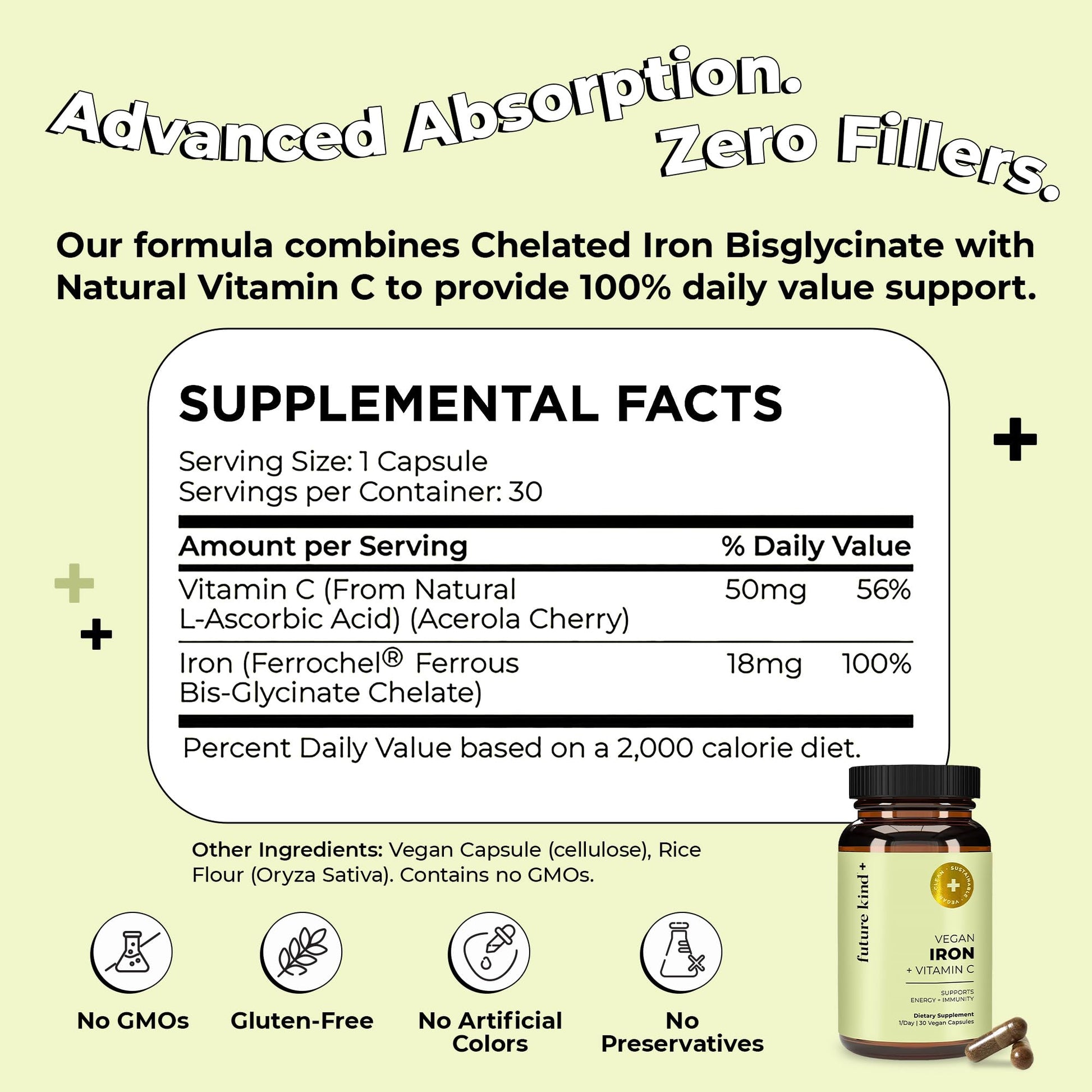 Future Kind Iron Supplement for Women and Men, Daily Energy & Focus, Chelated Iron Bisglycinate, 18mg 100% DV with Vitamin C for Absorption - Gentle on Stomach, Non-GMO Vegan Capsules, 30 Day Supply Future Kind uk supplements
