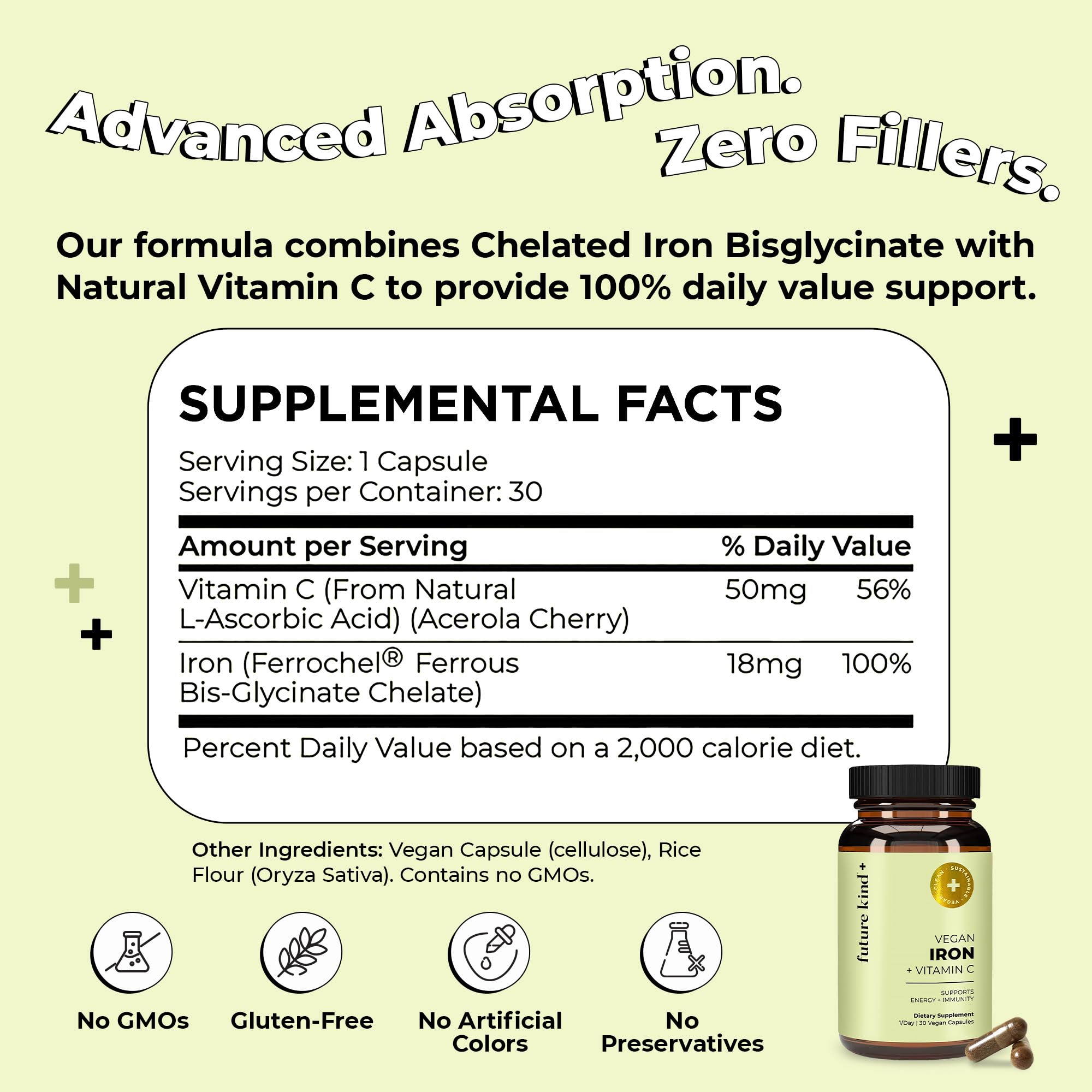 Future Kind Iron Supplement for Women and Men, Daily Energy & Focus, Chelated Iron Bisglycinate, 18mg 100% DV with Vitamin C for Absorption - Gentle on Stomach, Non-GMO Vegan Capsules, 30 Day Supply Future Kind uk supplements