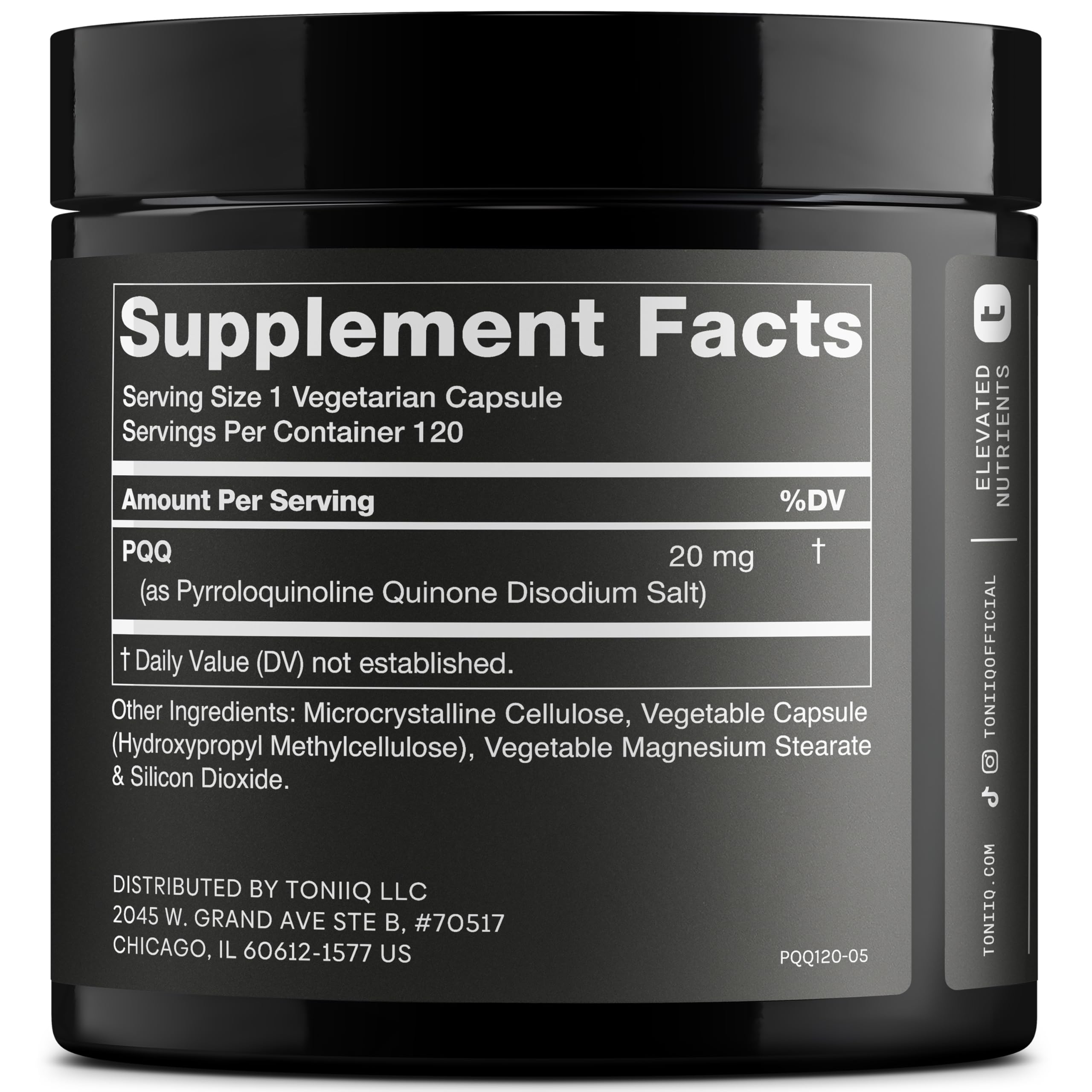 Toniiq 99%+ 20mg Supplement - Ultra High Purity PQQ 20mg Concentrated Formula - PQQ 20 mg 120 Capsules - Pyrroloquinoline Quinone Supplement - 1 Capsule Serving - Vegetarian Capsules Toniiq uk supplements