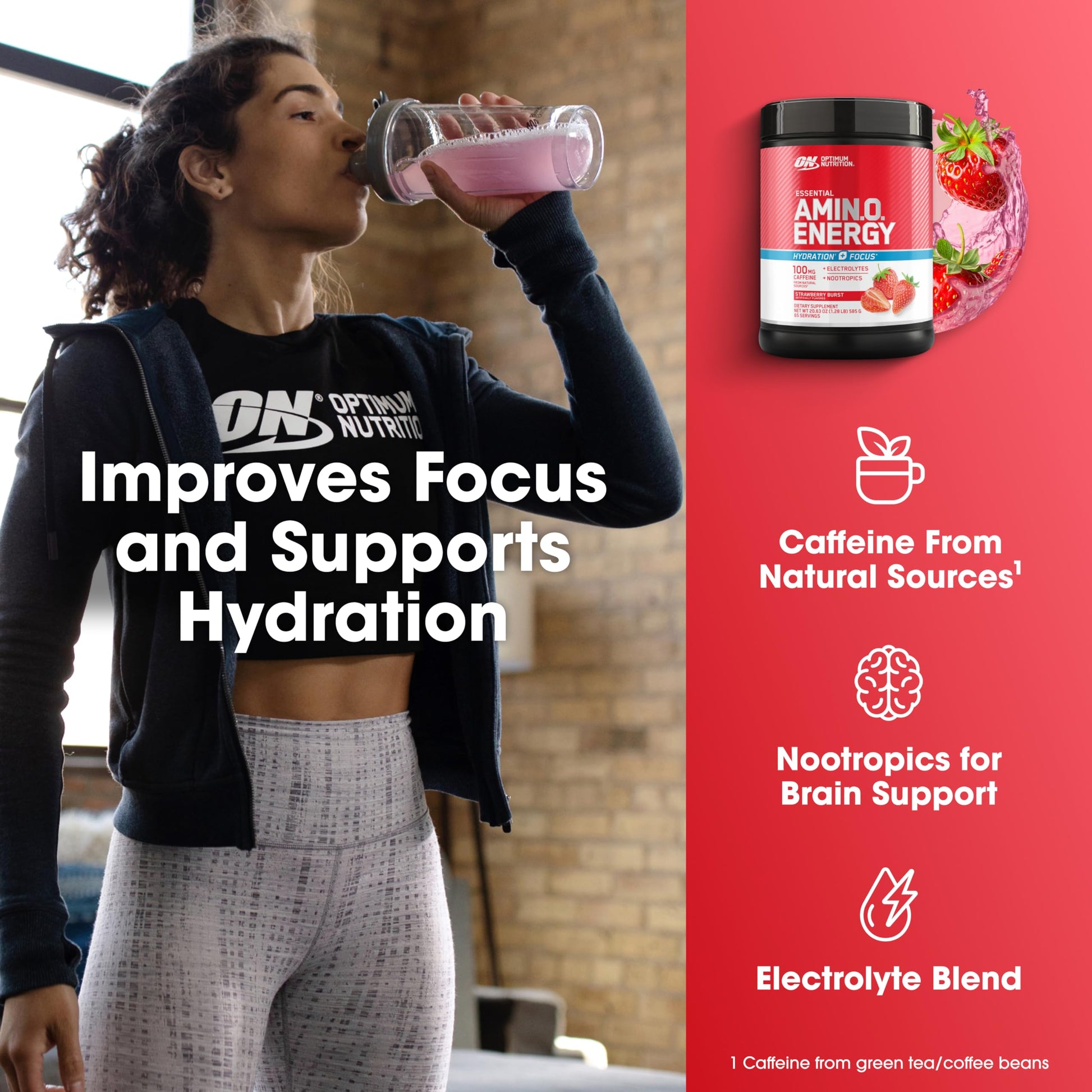 Optimum Nutrition Amino Energy Powder Plus Focus, with BCAA, Electrolytes, and Caffeine, Strawberry Burst, 65 Servings Optimum Nutrition uk supplements