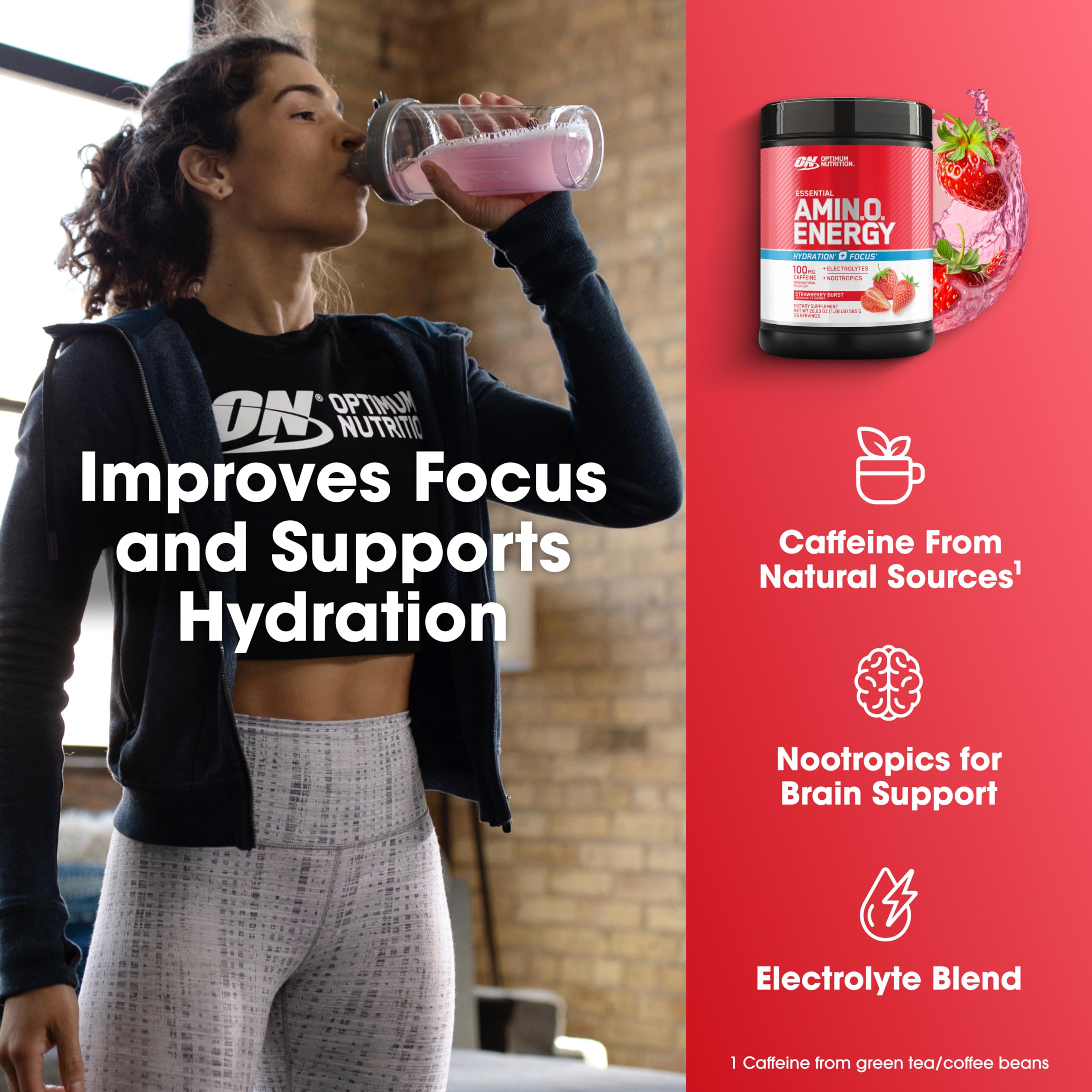 Optimum Nutrition Amino Energy Powder Plus Focus, with BCAA, Electrolytes, and Caffeine, Strawberry Burst, 65 Servings Optimum Nutrition uk supplements