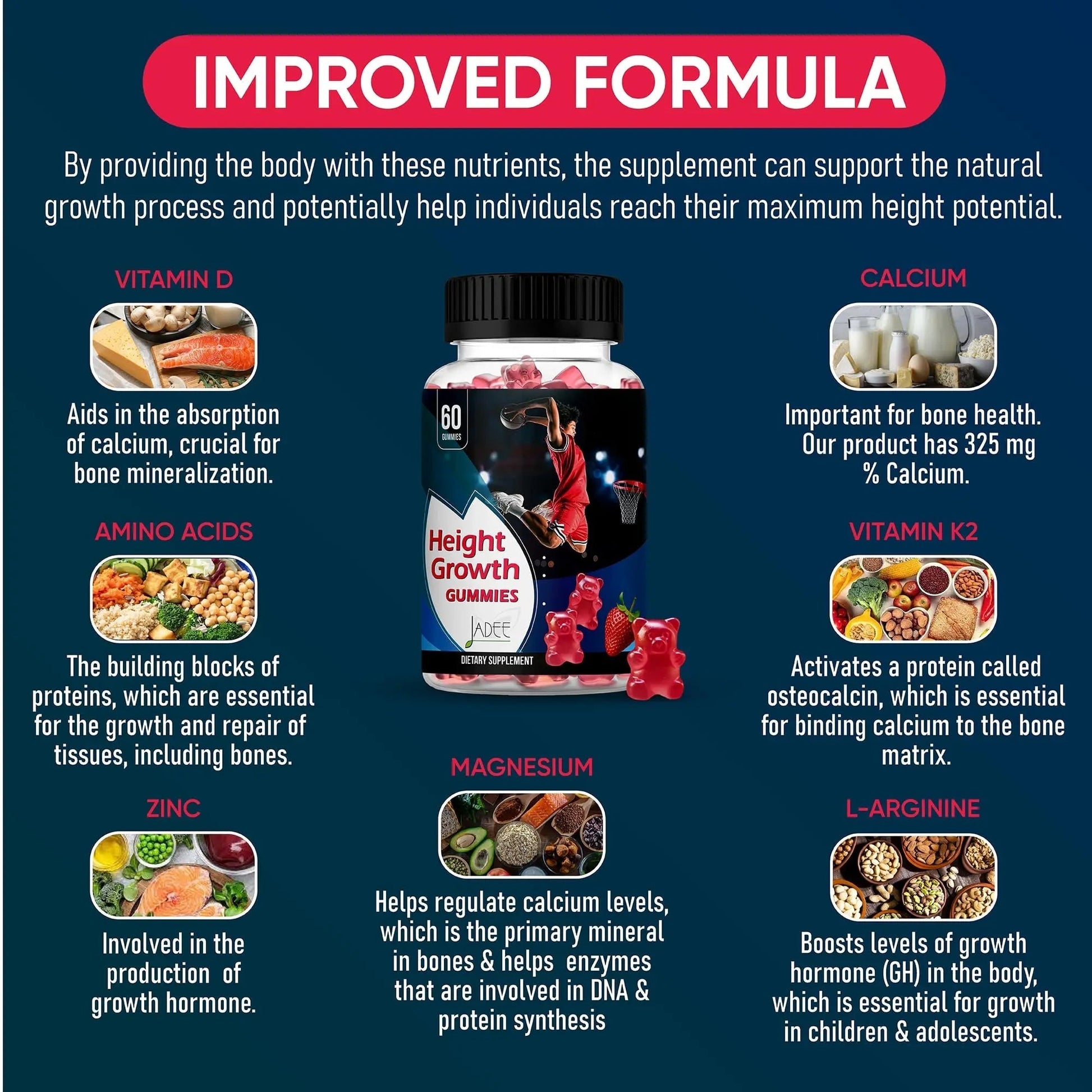 Jadee Height Growth Gummies for Teens & Kids Calcium 325mg, Teen Vitamins D3,K2,C, Magnesium, Ashwagandha, Zinc, L-Arginine Jadee uk supplements