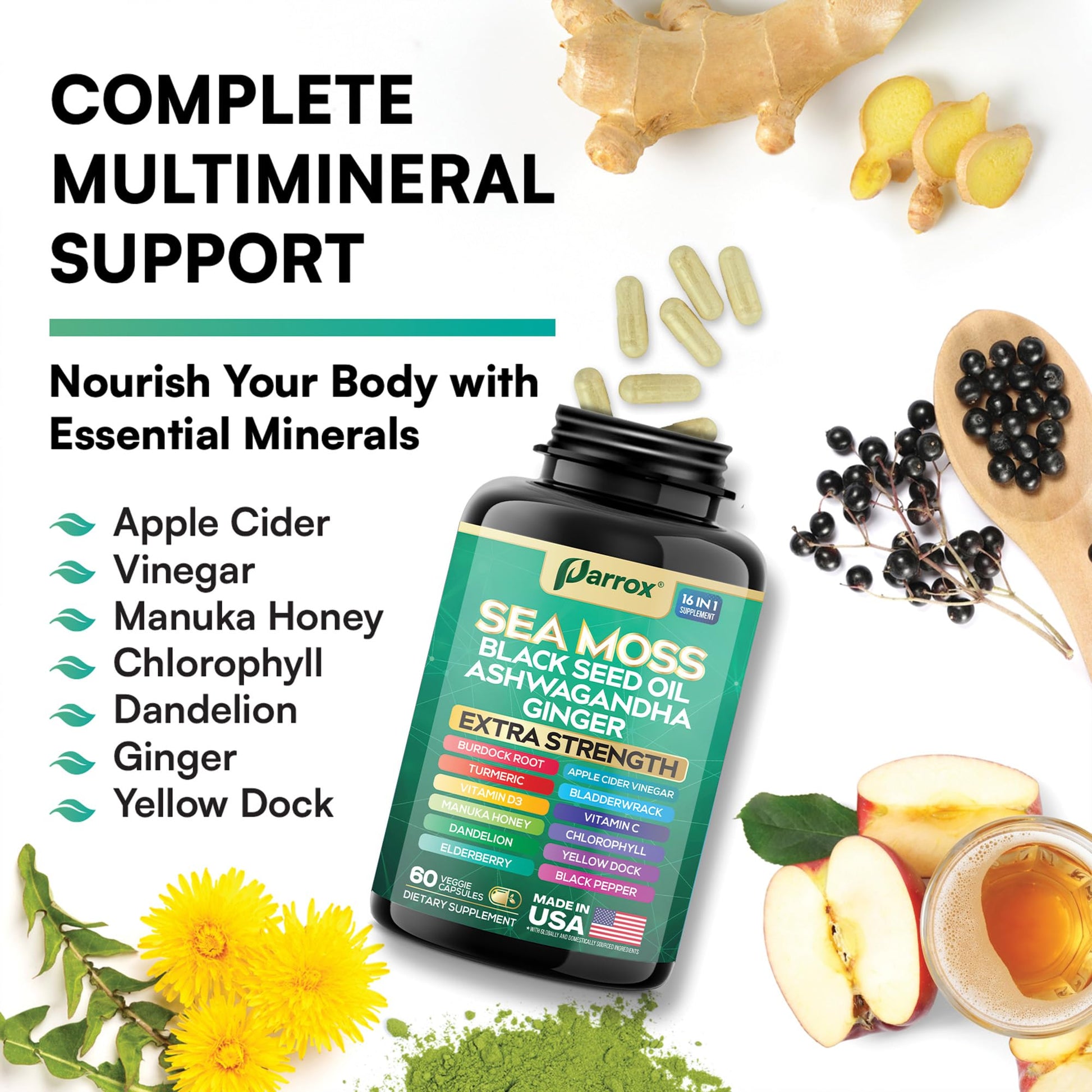 Parrox Sea Moss, Black Seed Oil, Ashwagandha, Turmeric, Chlorophyll, Dandelion, Ginger, Vitamin D3, Black Pepper, Elderberry, ACV, Yellow Dock, Burdock Root, Manuka, Vitamin C, Bladderwrack (60 Caps) Parrox uk supplements