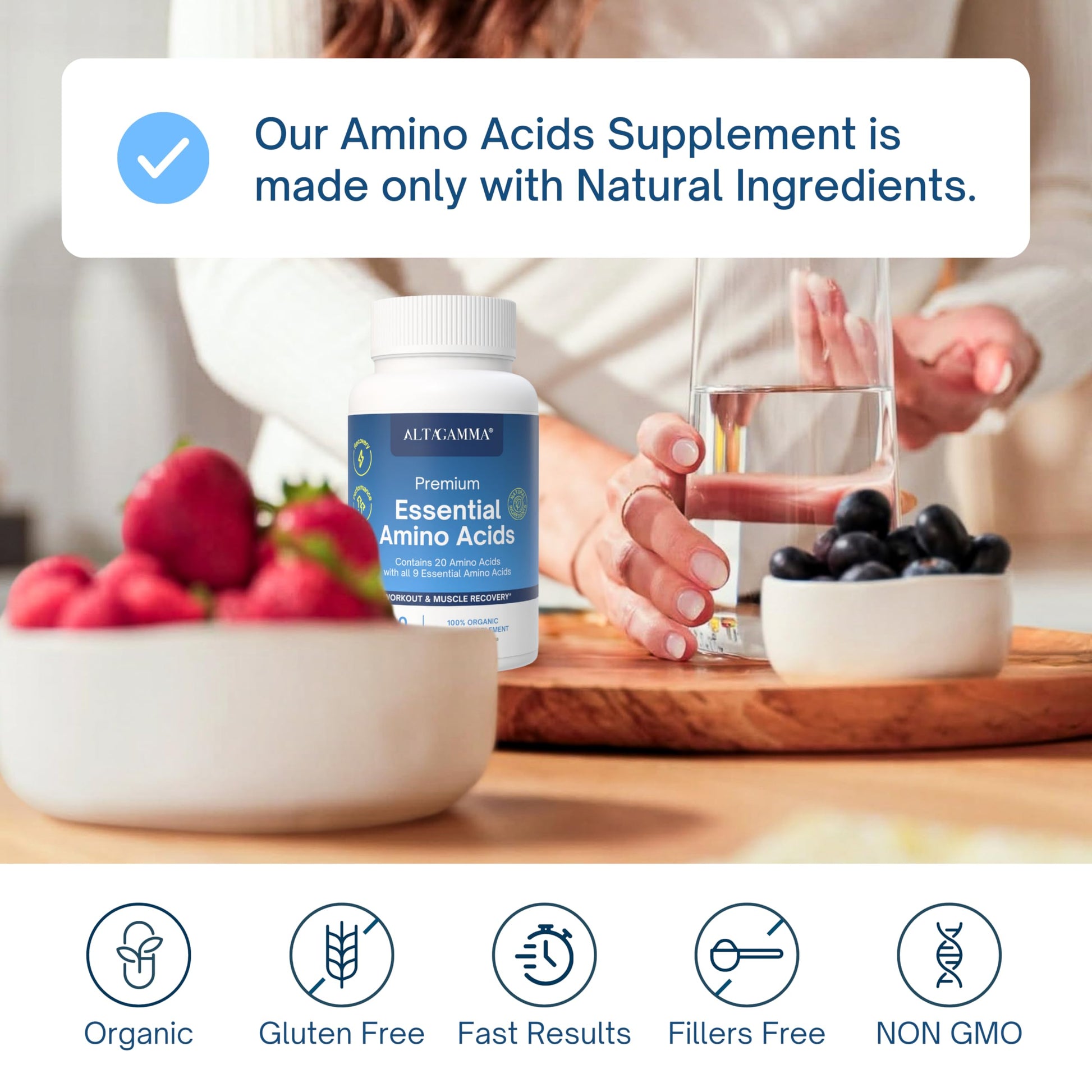 ALTAGAMMA Pure Amino Acids Complex - Protein for Pre/Post Workout, Energy & Muscle Recovery - 9 Essential Amino Acids Supplement (EAA) & BCAAs - Leucine, Lysine, L Tyrosine, L Arginine, 60 Capsules ALTAGAMMA uk supplements