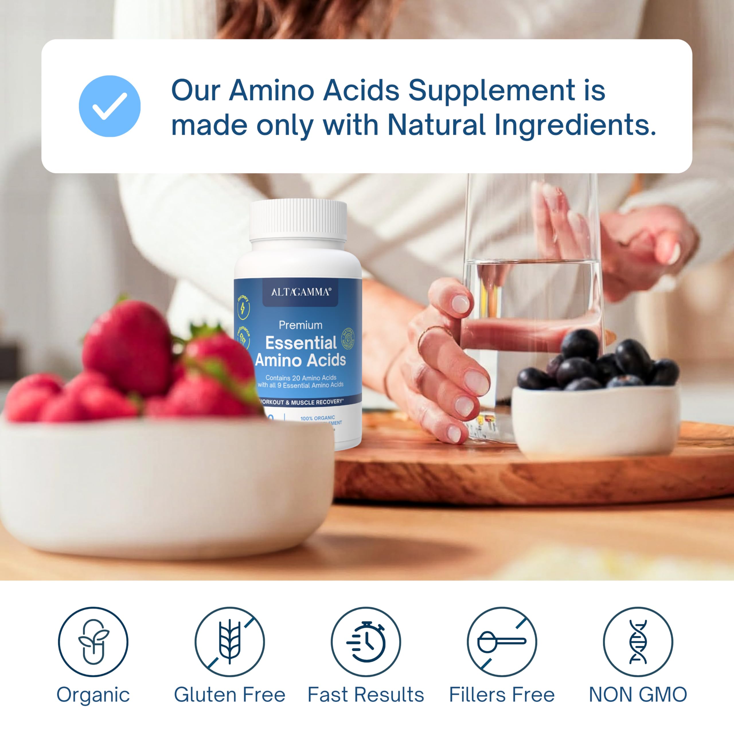 ALTAGAMMA Pure Amino Acids Complex - Protein for Pre/Post Workout, Energy & Muscle Recovery - 9 Essential Amino Acids Supplement (EAA) & BCAAs - Leucine, Lysine, L Tyrosine, L Arginine, 60 Capsules ALTAGAMMA uk supplements
