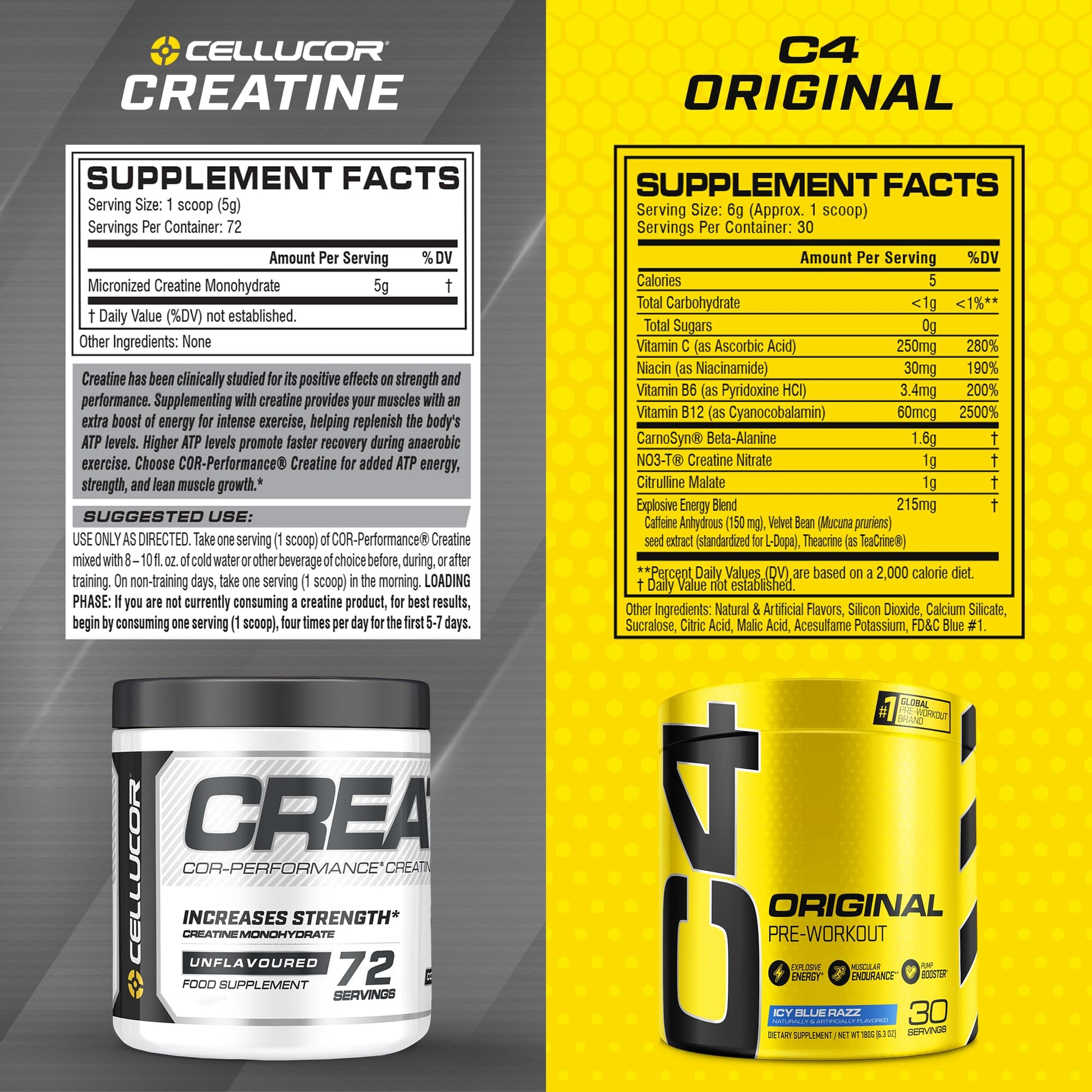Cellucor Pre Workout & Creatine Bundle, C4 Original Pre Workout Powder, Icy Blue Razz Cellucor uk supplements