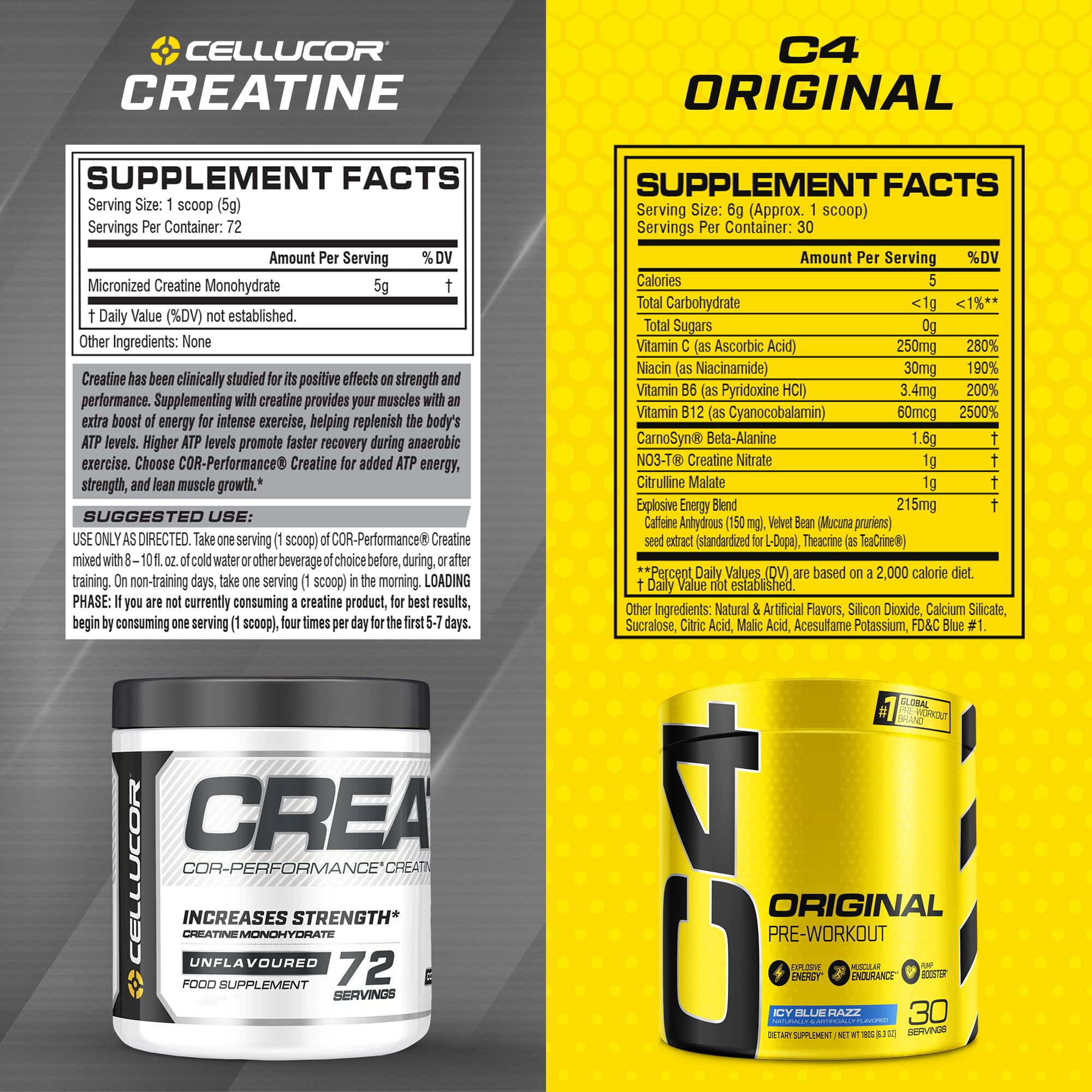 Cellucor Pre Workout & Creatine Bundle, C4 Original Pre Workout Powder, Icy Blue Razz Cellucor uk supplements