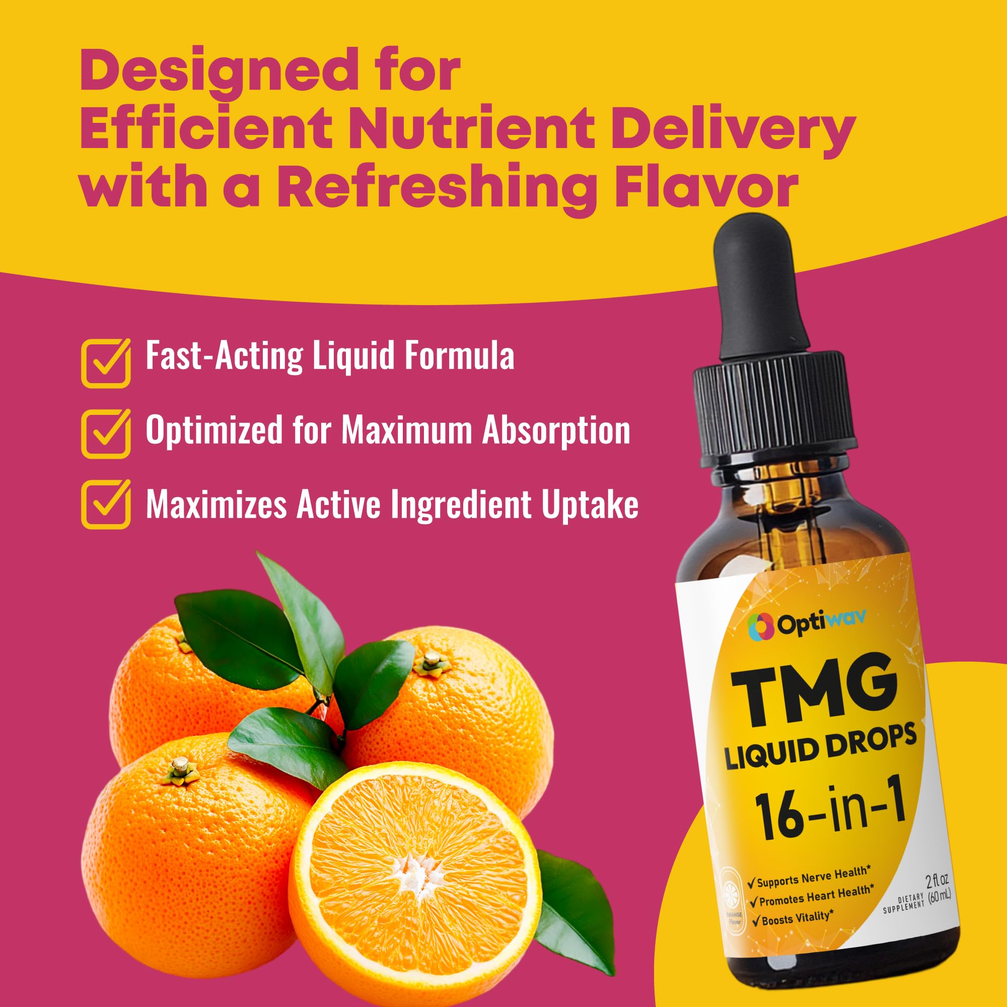 Optiwav TMG Trimethylglycine Liquid Drops - Betaine High Absorption Methylated Vitamins Supplement for Homocysteine Methylation & Heart Health Support - Orange Flavor Gluten Free Vegan - 2 fl oz Optiwav uk supplements
