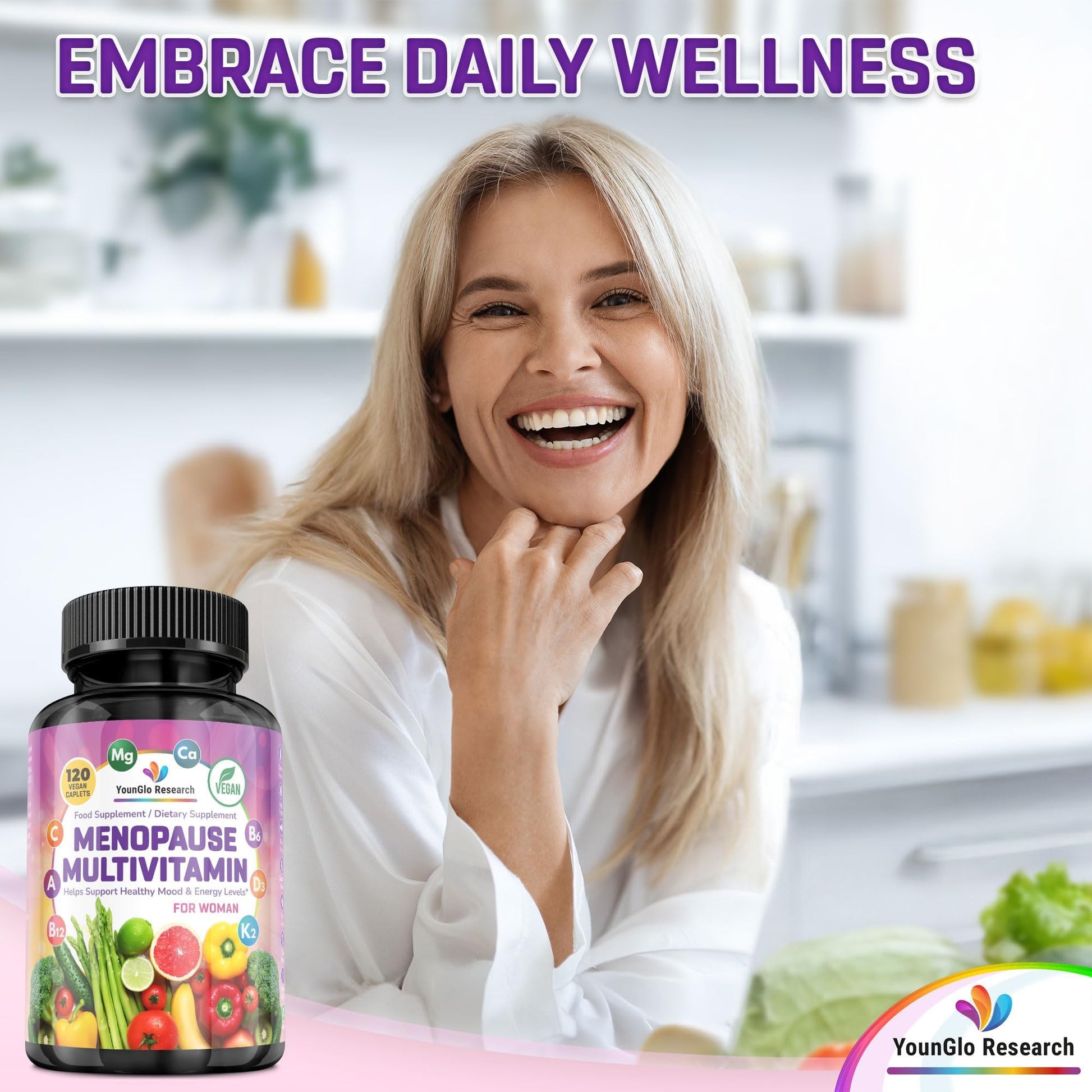 YounGlo Research Menopause Supplement - 120 Vegan Caplets - Menopause & Perimenopause Relief Support - Food and Dietary Vitamins - Multivitamin for Women YounGlo Research uk supplements