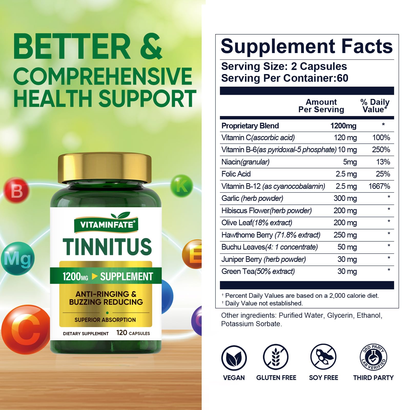 Tinnitus Relief for Ringing Ears 1200mg - 120 Capsules Advanced Ear Health Support Supplement | Supports Ear Health and Reduces Tinnitus Symptoms - Non-GMO & Vegan VITAMINFATE uk supplements