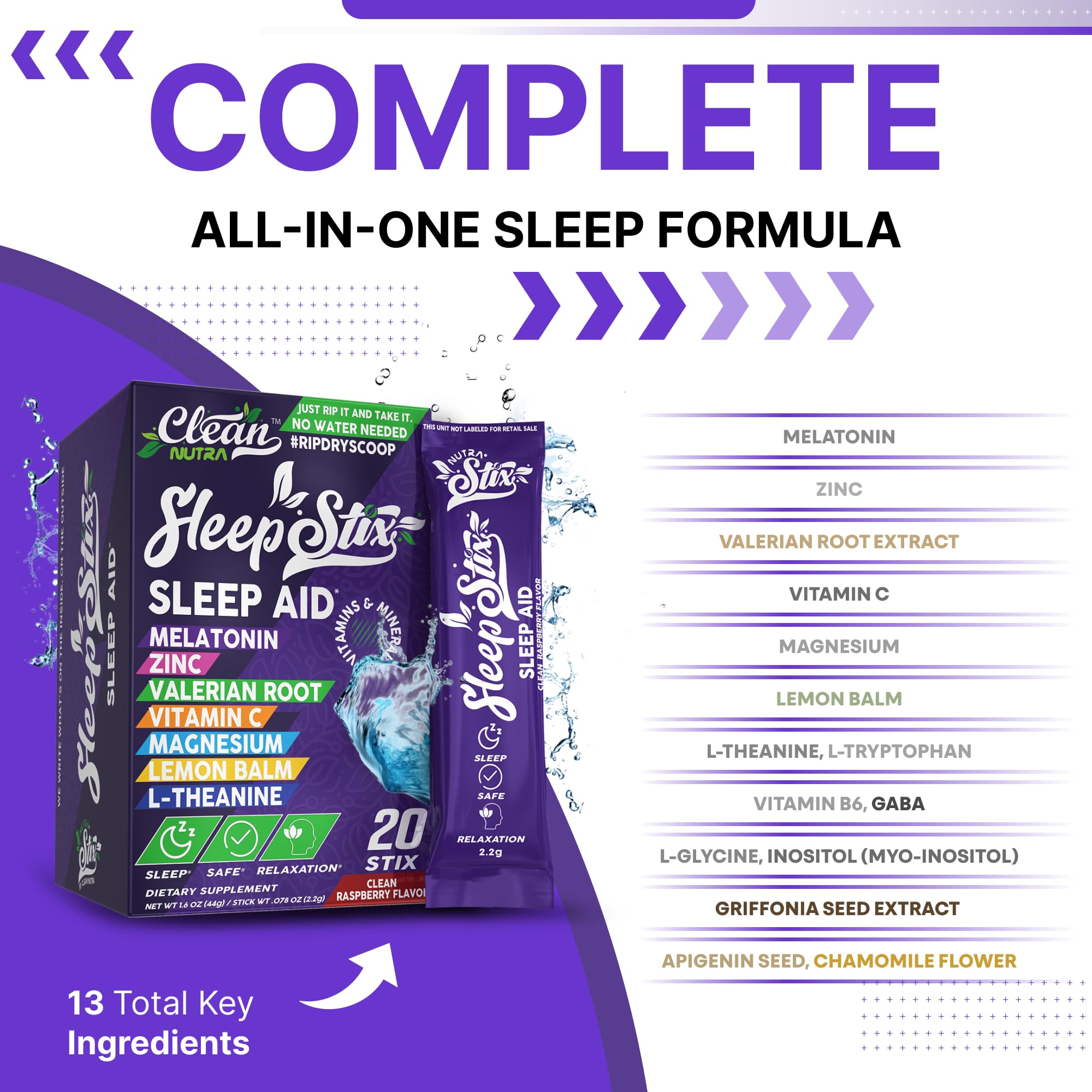 Sleep Aid Melatonin Powder Tryptophan Glycine Valerian Root Magnesium For Sleep Lemon Balm L Theanine Magnesium Glycinate Zinc Sleep Aid Myo Inositol GABACalm B6 5 HTP Stress Relief 20 Stix Clean Nutraceuticals uk supplements