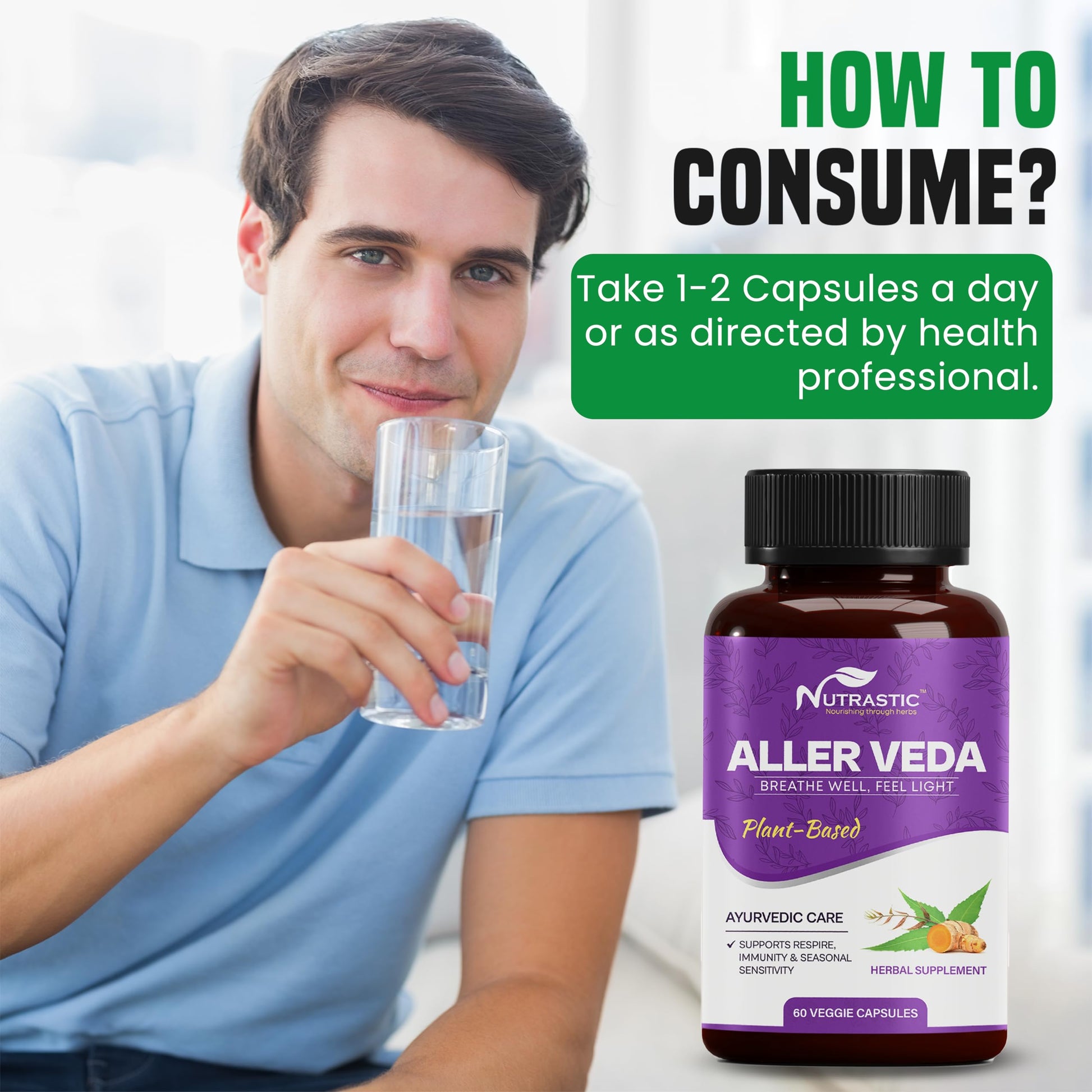 Nutrastic Aller Veda Respiratory Wellness Supplement with Pure Tulsi, Amla, Turmeric, and Neem | Natural Support for Healthy Breathing | 60 Caps Nutrastic uk supplements