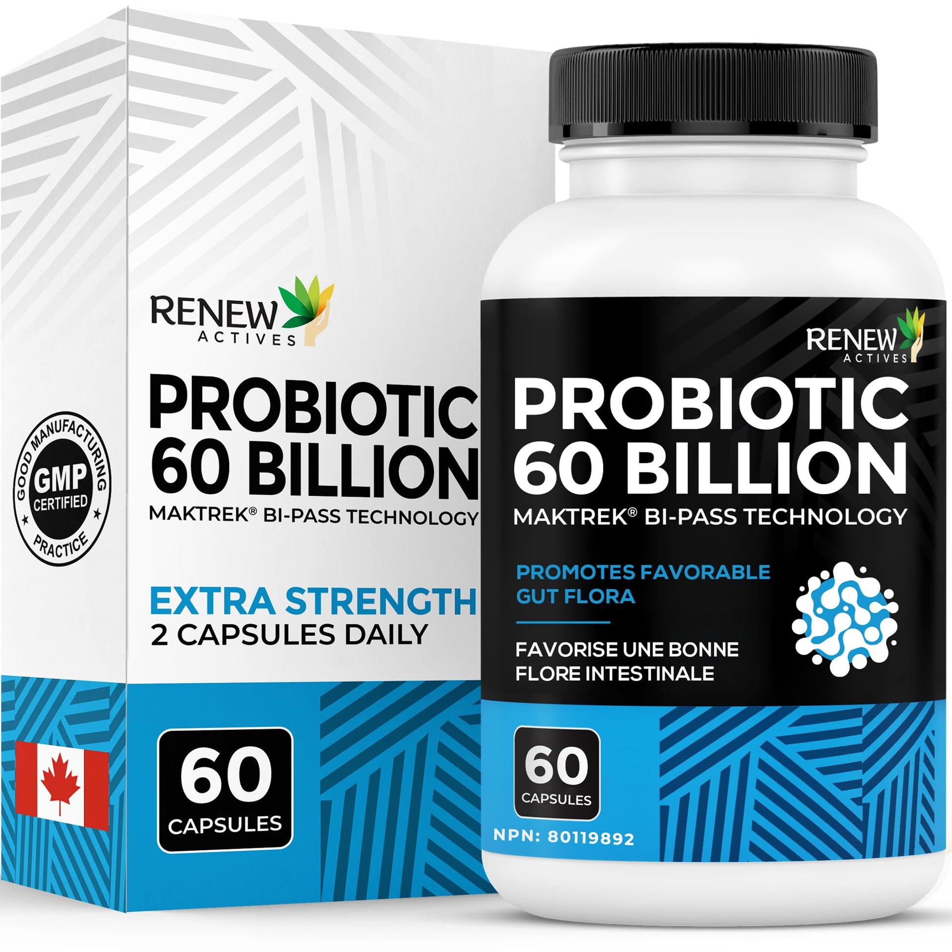 Renew Actives Probiotic Supplement for Digestive Health 60 Billion CFU per 2 Capsules - Advanced Formula with Prebiotic Benefits - Supports Gut Flora Balance & Wellness - Made in Canada - 60 Capsules Renew Actives uk supplements