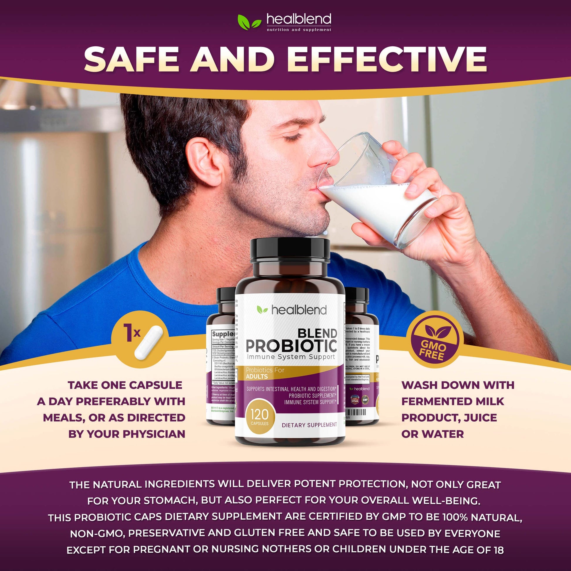 healblend Probiotic Caps Dietary Supplement Capsules, Probiotic for Women and for Men Digestive Health, Immune System Support, Non-GMO, Gluten-Free, 120 Veg Caps healblend uk supplements