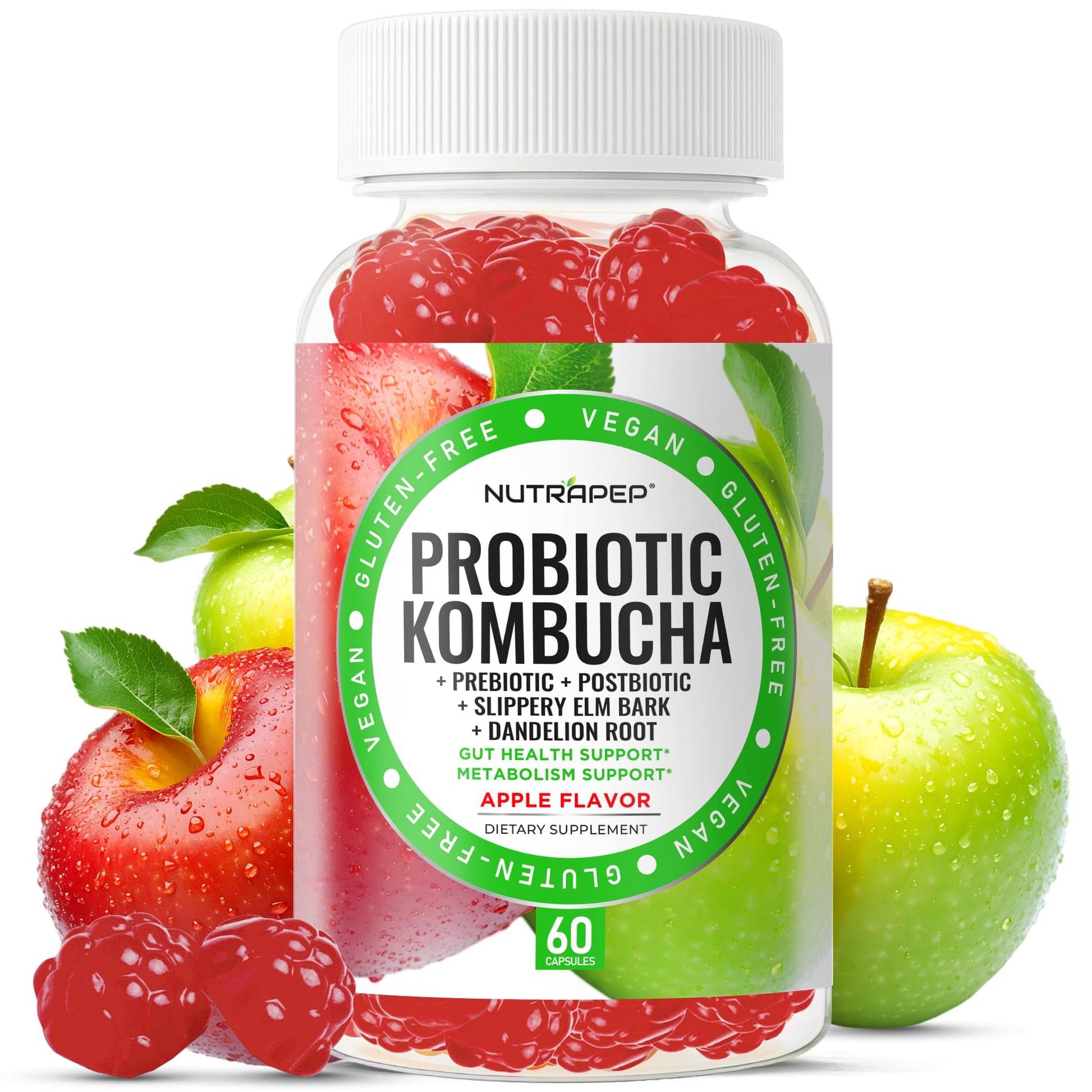 NutraPep Probiotic Kombucha Gummies - Women Men Probiotic Prebiotic Probiotic Blend for Gut Health Bloating Metabolism Support with Slippery Elm Bark Dandelion Root - Vegan Gluten Free Apple Flavor NutraPep uk supplements