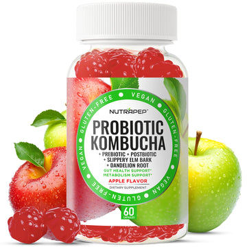 NutraPep Probiotic Kombucha Gummies - Women Men Probiotic Prebiotic Probiotic Blend for Gut Health Bloating Metabolism Support with Slippery Elm Bark Dandelion Root - Vegan Gluten Free Apple Flavor NutraPep uk supplements