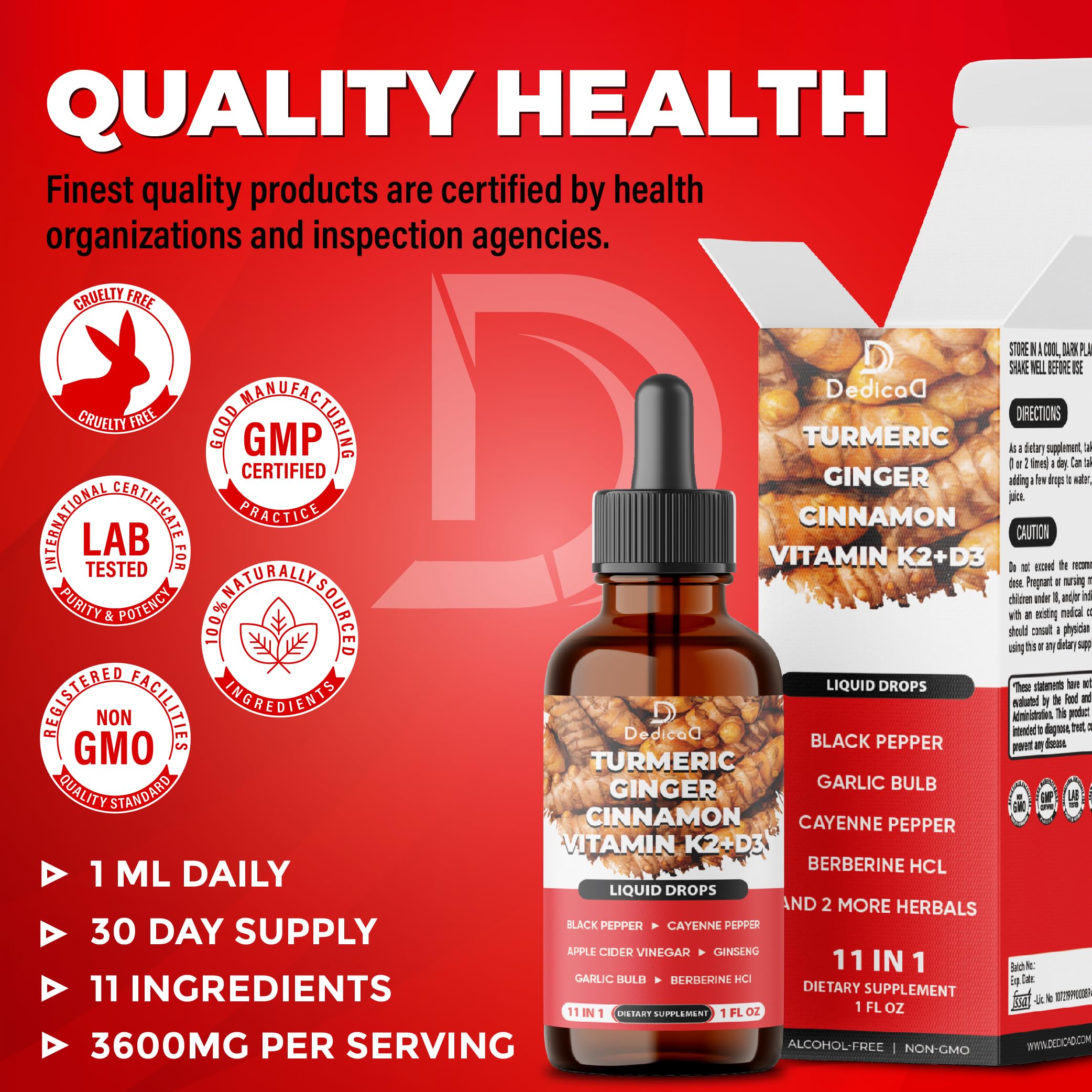 11in1 Liquid Turmeric Supplement – with Ginger, Garlic, Ceylon Cinnamon, Berberine, Ginseng, Apple Cider Vinegar – 1 Fl Oz – 30 Servings DEDICAD uk supplements