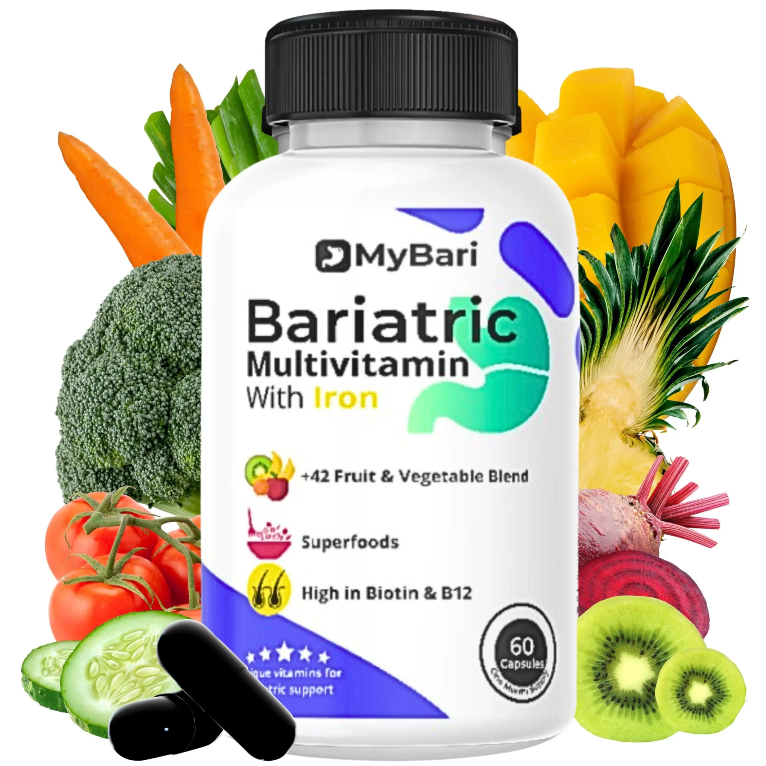 MyBari All-in-One Bariatric Multivitamin with Iron - Made in USA - for Men & Women - Supports Gastric Sleeve & Bypass with 42+ Fruit & Veggie Blend - 60 Liquid Capsules MyBari uk supplements